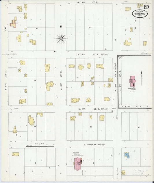 Sanborn Fire Insurance Map from Faribault, Rice County, Minnesota (1909), Sheet #0019 - Historic Sanborn Fire Insurance Map Print, vintage old map wall art, antique decor, genealogy gift, Minnesota Minnesota map