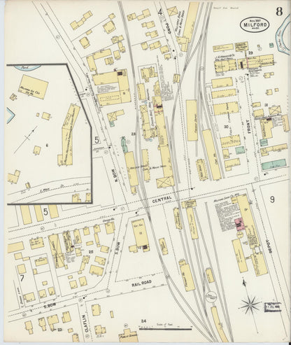 Sanborn Fire Insurance Map from Milford, Worcester County, Massachusetts (1897), Sheet #0008 - Historic Sanborn Fire Insurance Map Print, vintage old map wall art, antique decor, genealogy gift, Massachusetts Massachusetts map