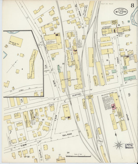 Sanborn Fire Insurance Map from Milford, Worcester County, Massachusetts (1897), Sheet #0008 - Historic Sanborn Fire Insurance Map Print, vintage old map wall art, antique decor, genealogy gift, Massachusetts Massachusetts map
