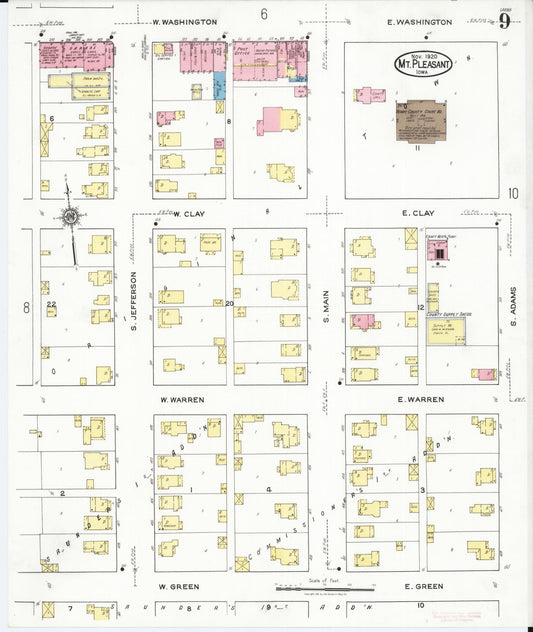 Sanborn Fire Insurance Map from Mount Pleasant, Henry County, Iowa (1920), Sheet #0009 - Historic Sanborn Fire Insurance Map Print, vintage old map wall art