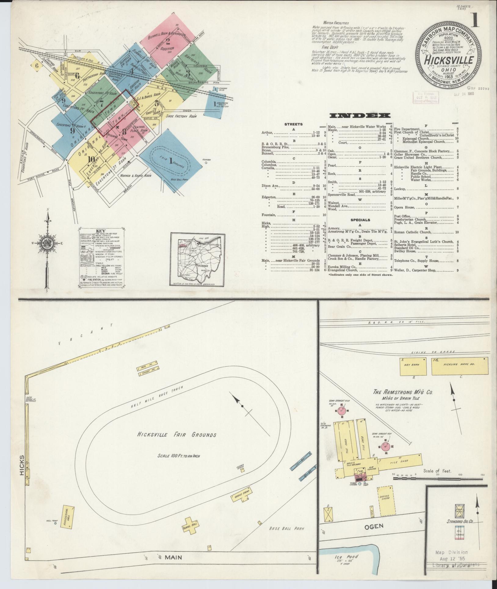 Sanborn Fire Insurance Map from Hicksville, Defiance County, Ohio (1913), Sheet #0001 - Historic Sanborn Fire Insurance Map Print, vintage old map wall art, antique decor, genealogy gift, Ohio Ohio map