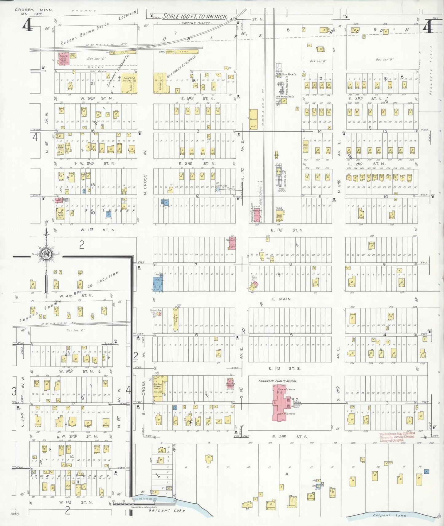 Sanborn Fire Insurance Map from Crosby, Crow Wing County, Minnesota (1935), Sheet #0004 - Historic Sanborn Fire Insurance Map Print, vintage old map wall art, antique decor, genealogy gift, Minnesota Minnesota map