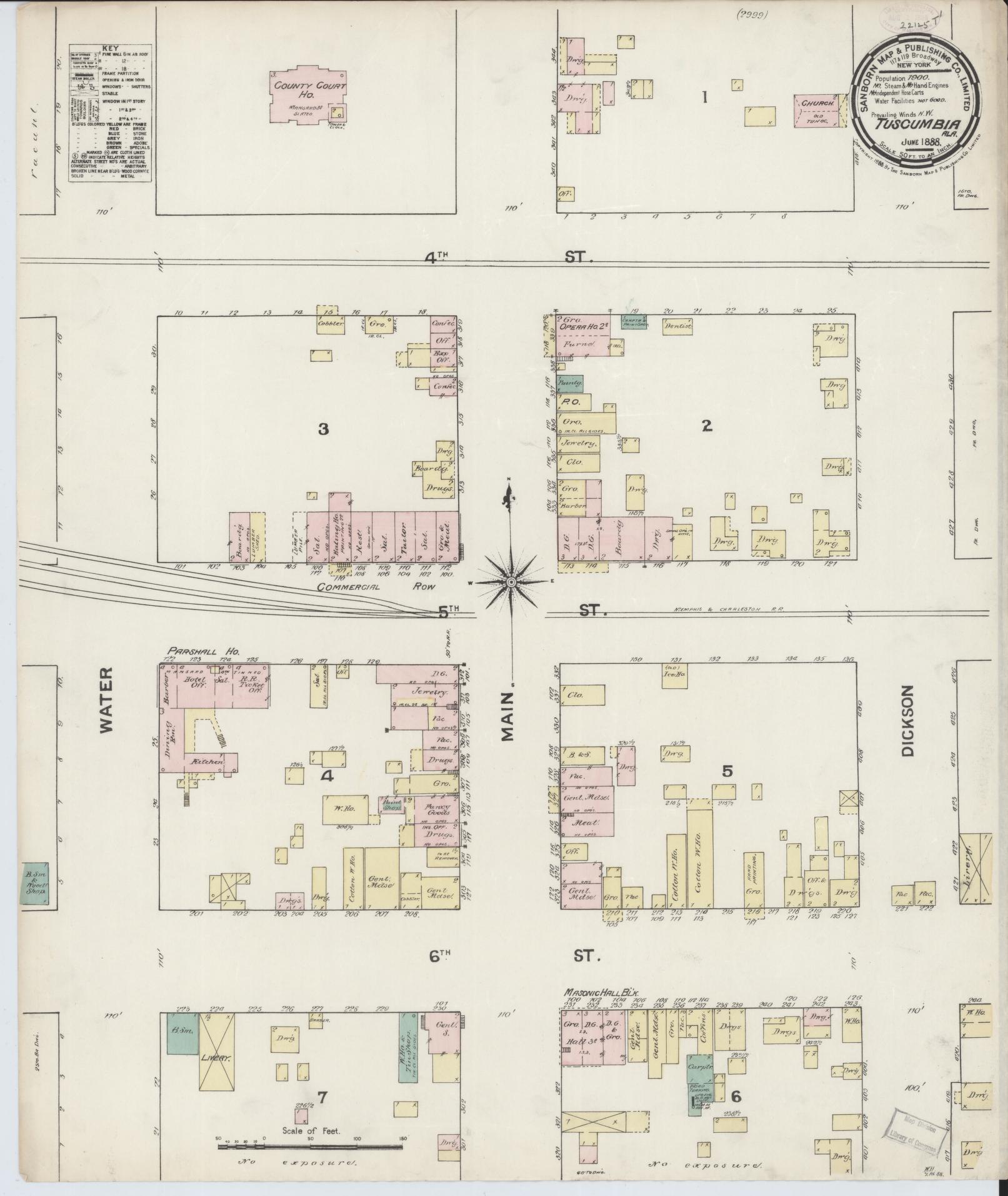 Sanborn Fire Insurance Map from Tuscumbia, Colbert County, Alabama (1888), Sheet #0001 - Historic Sanborn Fire Insurance Map Print, vintage old map wall art, antique decor, genealogy gift, Alabama Alabama map