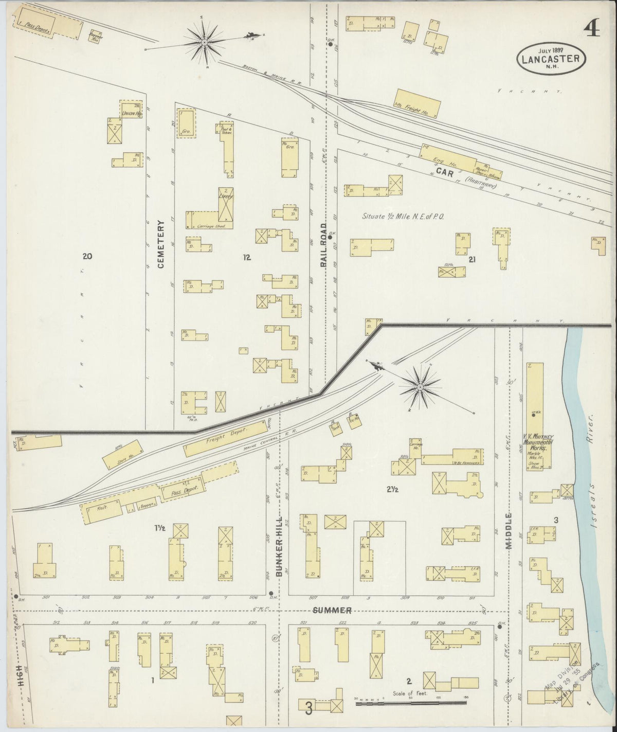 Sanborn Fire Insurance Map from Lancaster, Coos County, New Hampshire (1897), Sheet #0004 - Historic Sanborn Fire Insurance Map Print, vintage old map wall art, antique decor, genealogy gift, New Hampshire New Hampshire map