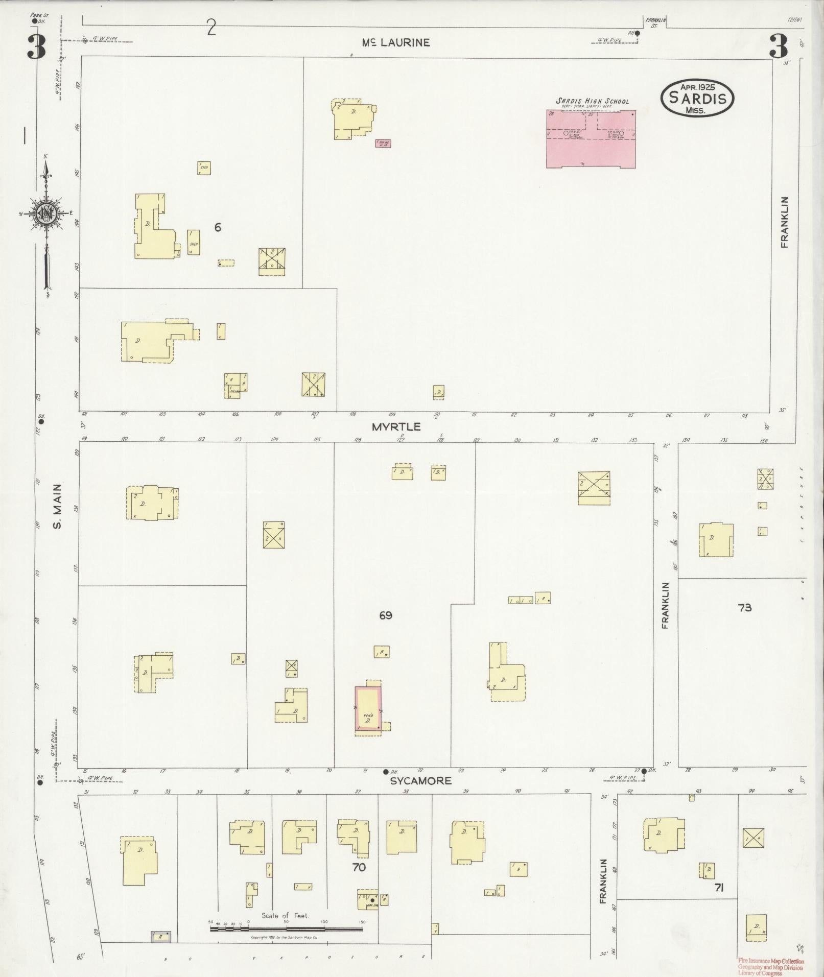 Sanborn Fire Insurance Map from Sardis, Panola County, Mississippi (1925), Sheet #0003 - Complete Map Set gallery image, historic Sanborn map, vintage wall art, Mississippi Mississippi