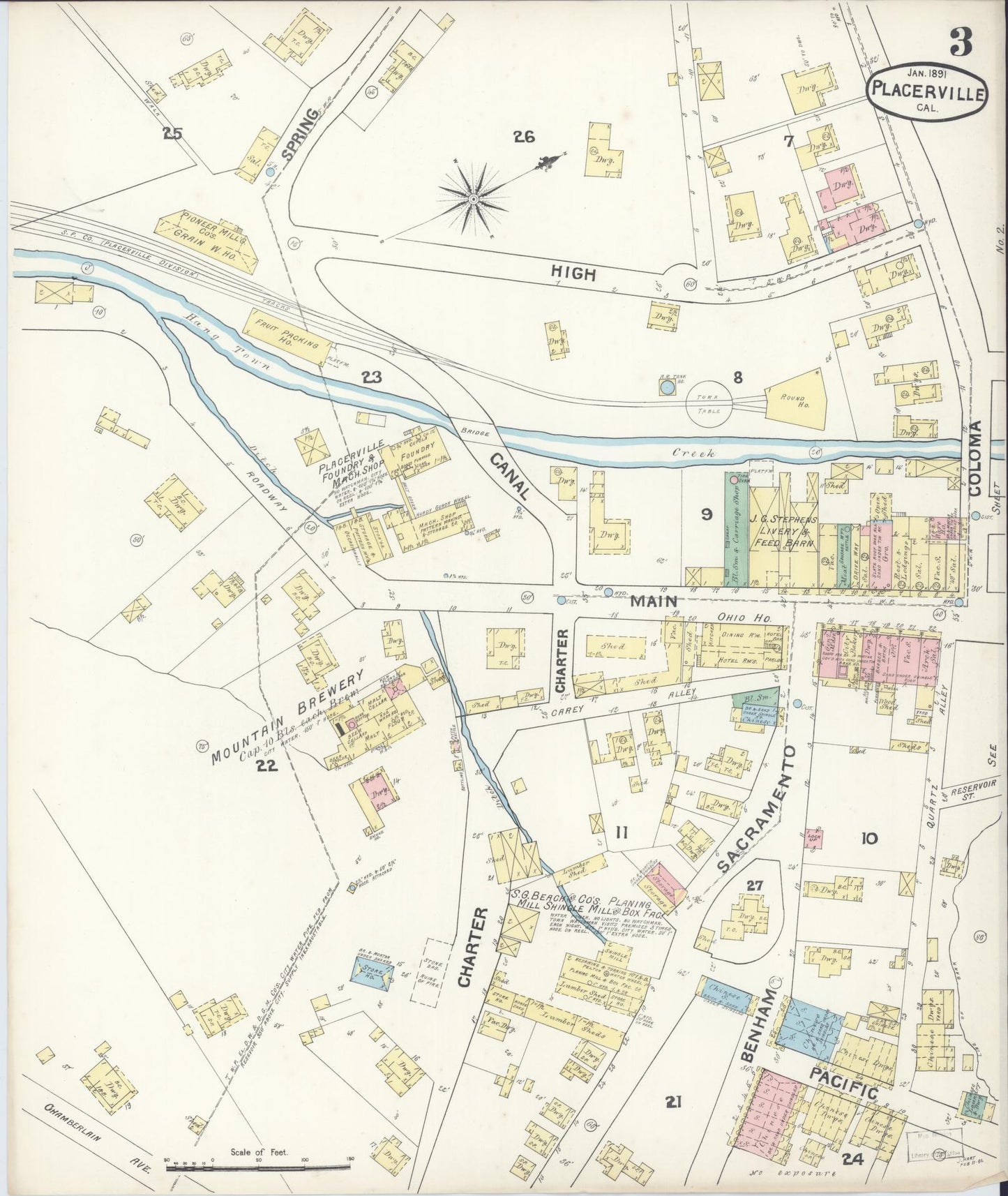 Sanborn Fire Insurance Map from Placerville, El Dorado County, California (1891), Sheet #0003 - Complete Map Set gallery image, historic Sanborn map, vintage wall art, California California