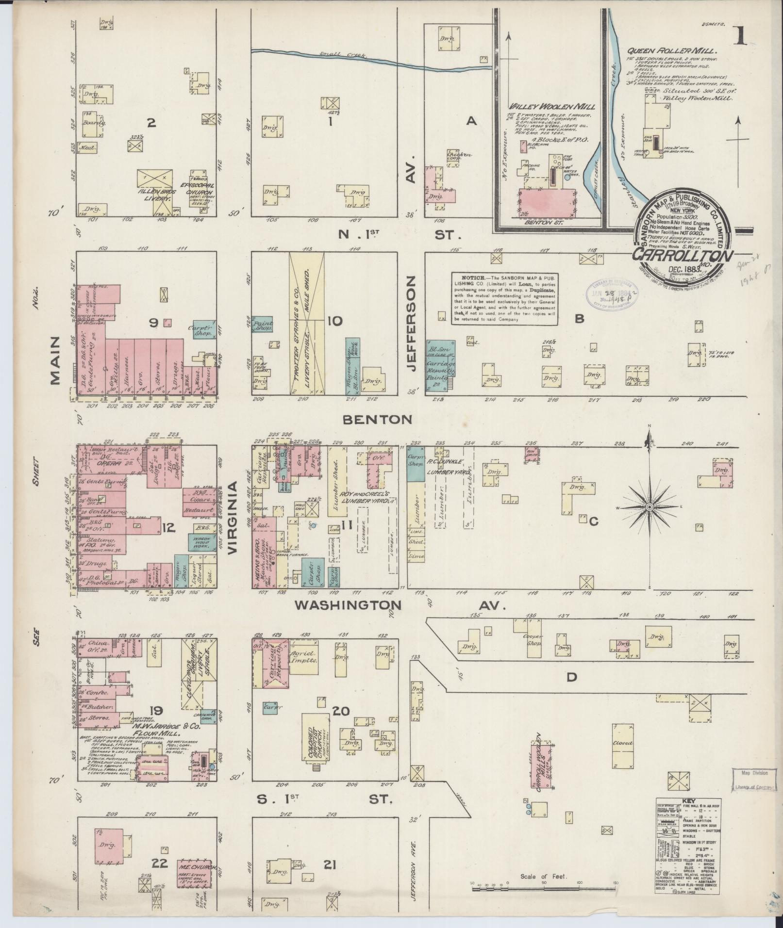 Sanborn Fire Insurance Map from Carrollton, Carroll County, Missouri (1883), Sheet #0001 - Historic Sanborn Fire Insurance Map Print, vintage old map wall art, antique decor, genealogy gift, Missouri Missouri map