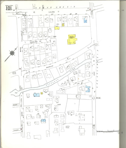 Sanborn Fire Insurance Map from Honolulu, Oahu County, Hawaii (1955), Sheet #0101 - Historic Sanborn Fire Insurance Map Print, vintage old map wall art