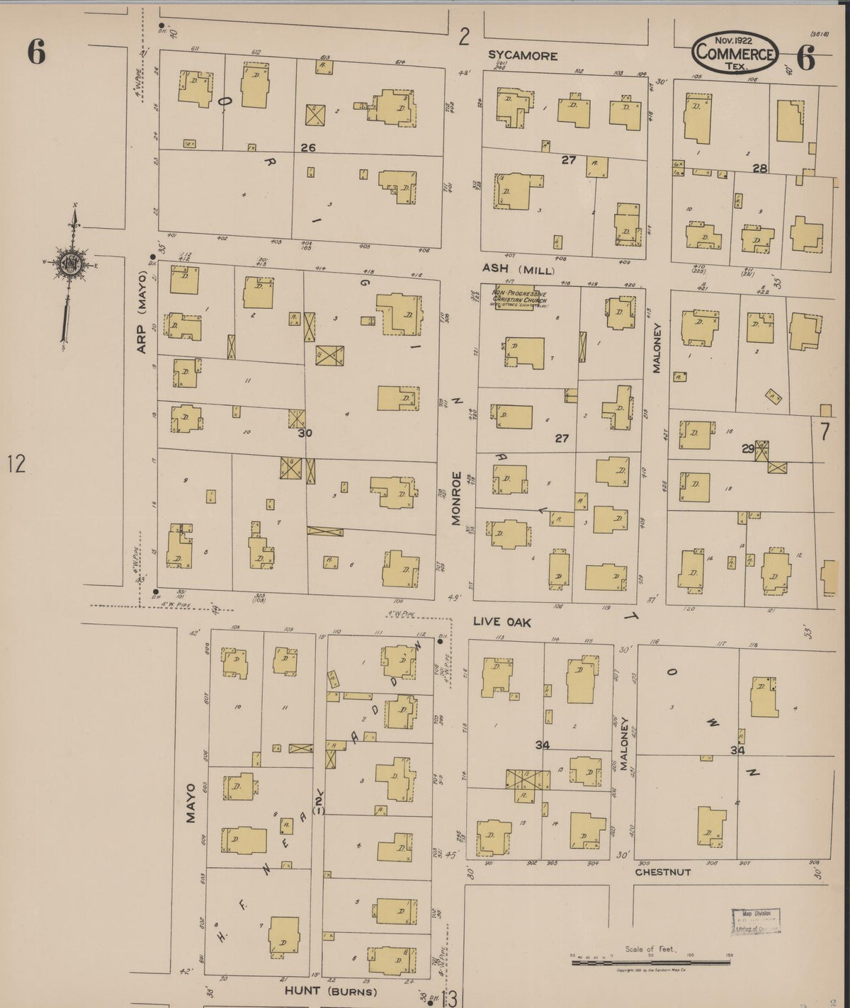 Sanborn Fire Insurance Map from Commerce, Hunt County, Texas (1922), Sheet #0006 - Historic Sanborn Fire Insurance Map Print, vintage old map wall art, antique decor, genealogy gift, Texas Texas map