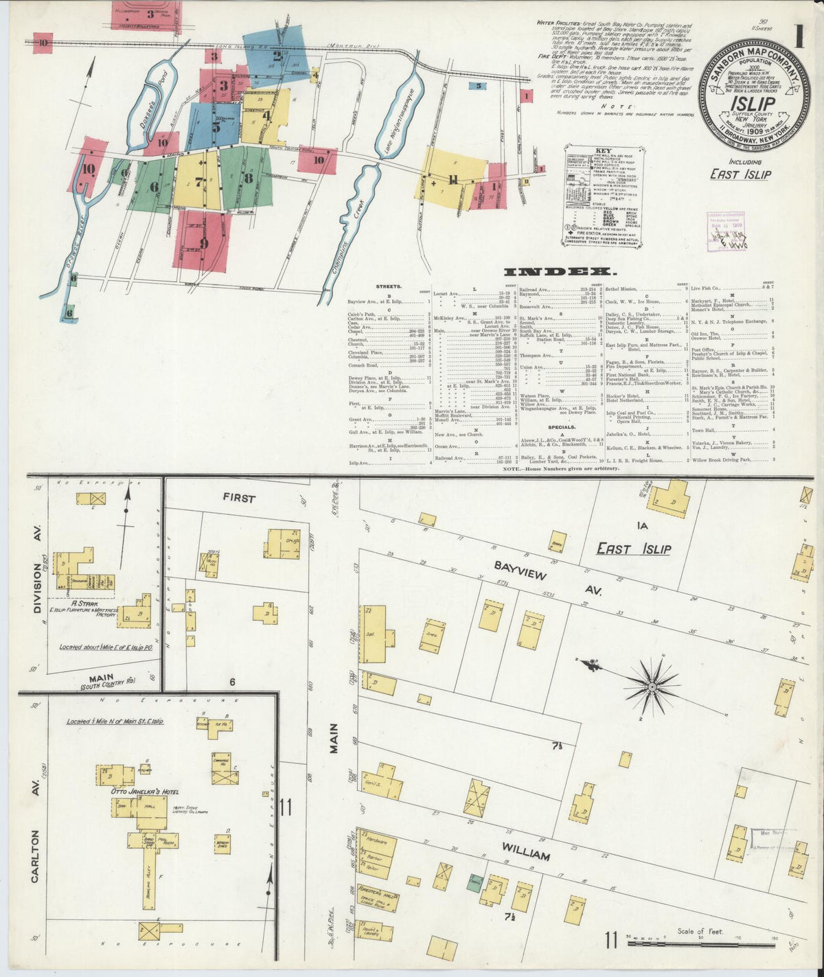 Sanborn Fire Insurance Map from Islip, Suffolk County, New York (1909), Sheet #0001 - Historic Sanborn Fire Insurance Map Print, vintage old map wall art, antique decor, genealogy gift, New York New York map