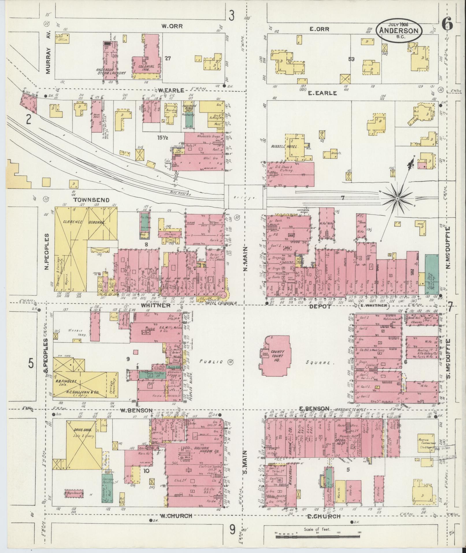 Sanborn Fire Insurance Map from Anderson, Anderson County, South Carolina (1906), Sheet #0006 - Complete Map Set gallery image, historic Sanborn map, vintage wall art, South Carolina South Carolina