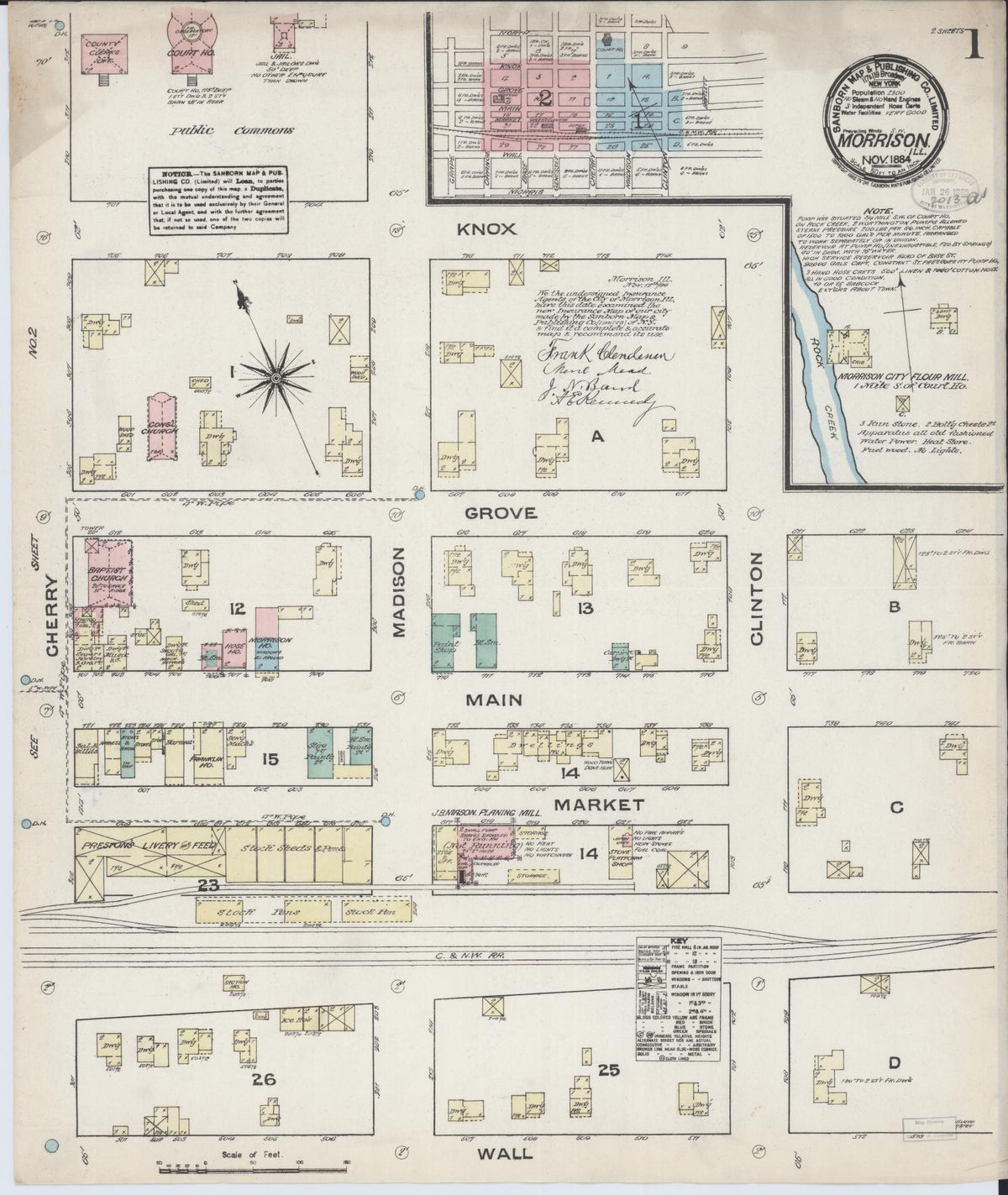 Sanborn Fire Insurance Map from Morrison, Whiteside County, Illinois (1884), Sheet #0001 - Historic Sanborn Fire Insurance Map Print, vintage old map wall art, antique decor, genealogy gift, Illinois Illinois map