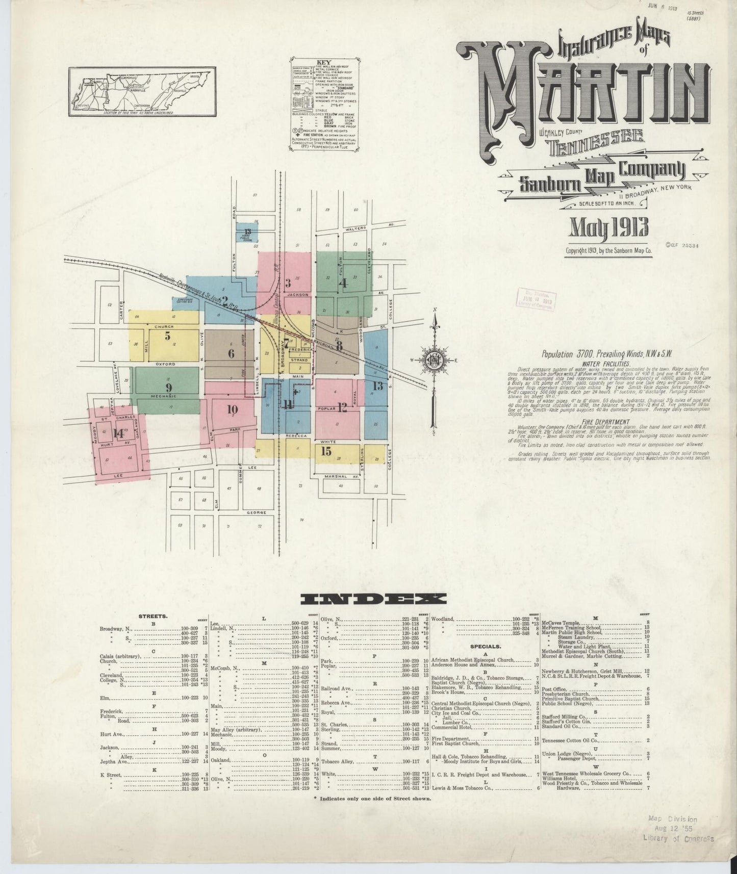 Sanborn Fire Insurance Map from Martin, Weakley County, Tennessee (1913), Sheet #0001 - Historic Sanborn Fire Insurance Map Print, vintage old map wall art, antique decor, genealogy gift, Tennessee Tennessee map