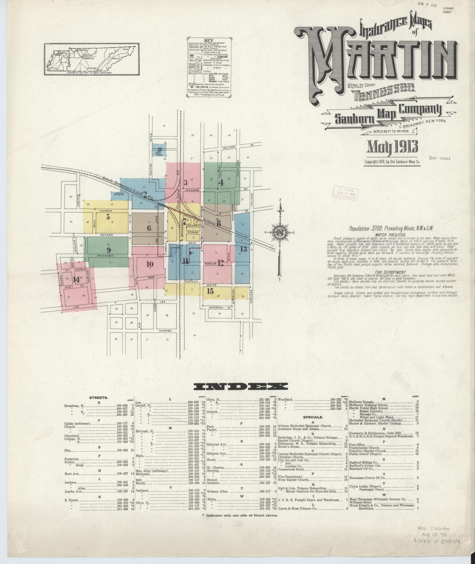 Sanborn Fire Insurance Map from Martin, Weakley County, Tennessee (1913), Sheet #0001 - Historic Sanborn Fire Insurance Map Print, vintage old map wall art, antique decor, genealogy gift, Tennessee Tennessee map