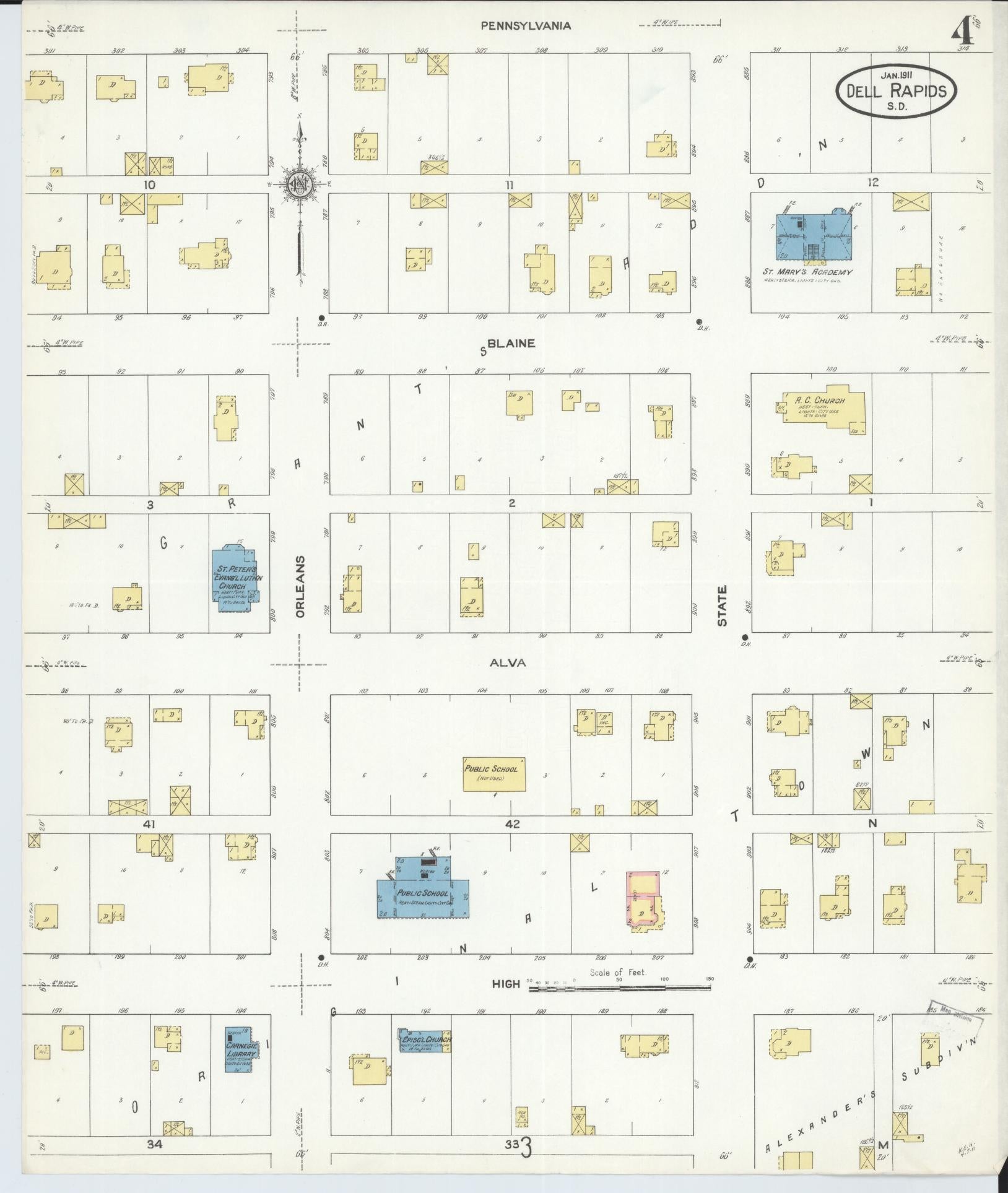 Sanborn Fire Insurance Map from Dell Rapids, Minnehaha County, South Dakota (1911), Sheet #0004 - Historic Sanborn Fire Insurance Map Print, vintage old map wall art, antique decor, genealogy gift, South Dakota South Dakota map