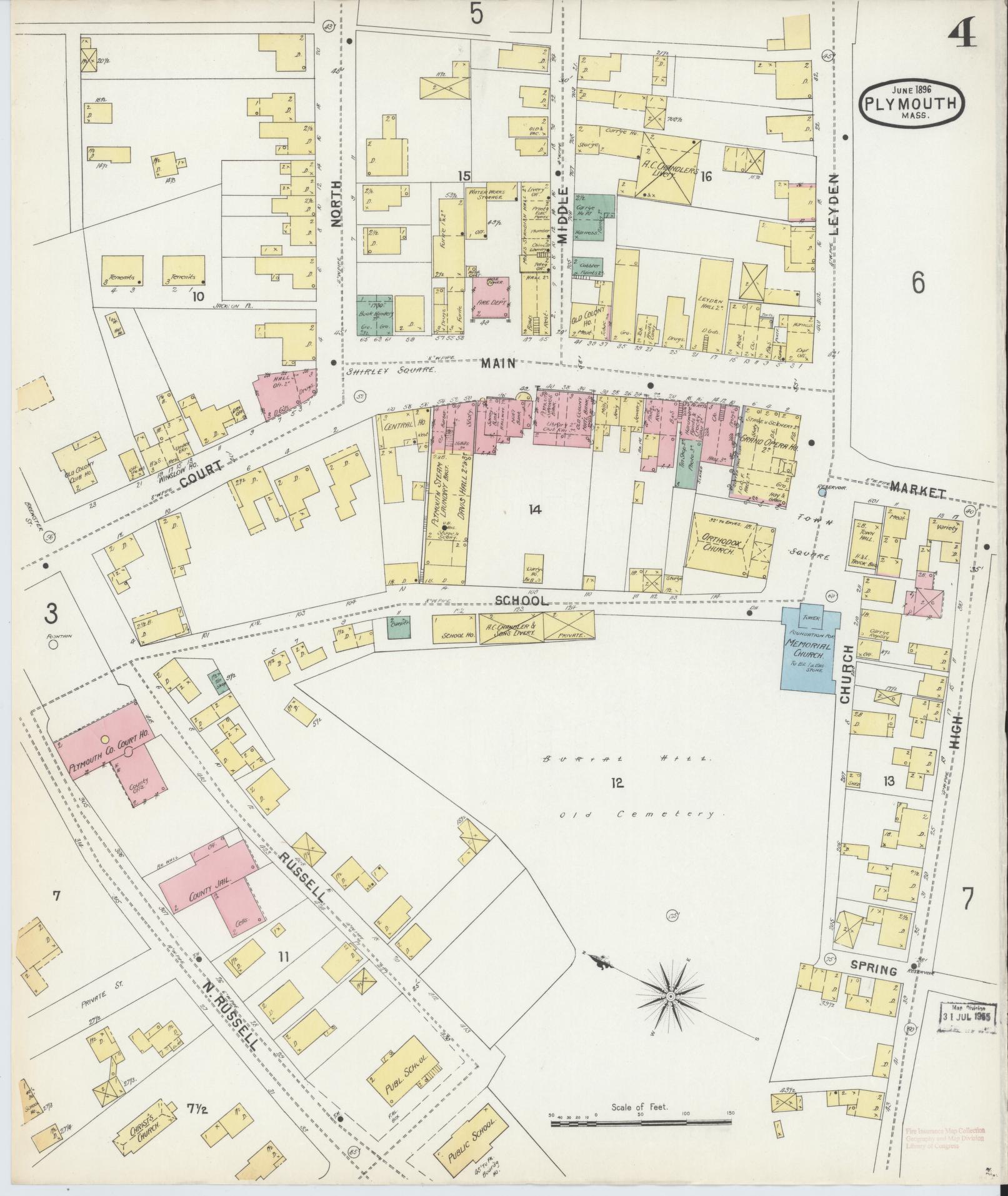 Sanborn Fire Insurance Map from Plymouth, Plymouth County, Massachusetts (1896), Sheet #0004 - Historic Sanborn Fire Insurance Map Print, vintage old map wall art, antique decor, genealogy gift, Massachusetts Massachusetts map