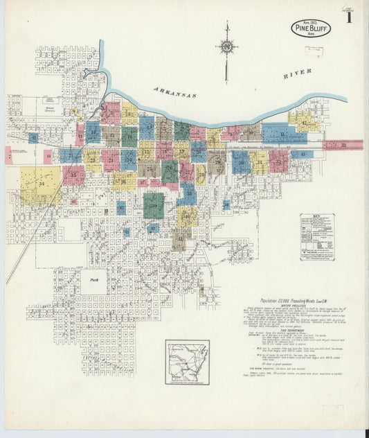 Sanborn Fire Insurance Map from Pine Bluff, Jefferson County, Arkansas (1913), Sheet #0001 - Historic Sanborn Fire Insurance Map Print, vintage old map wall art, antique decor, genealogy gift, Arkansas Arkansas map