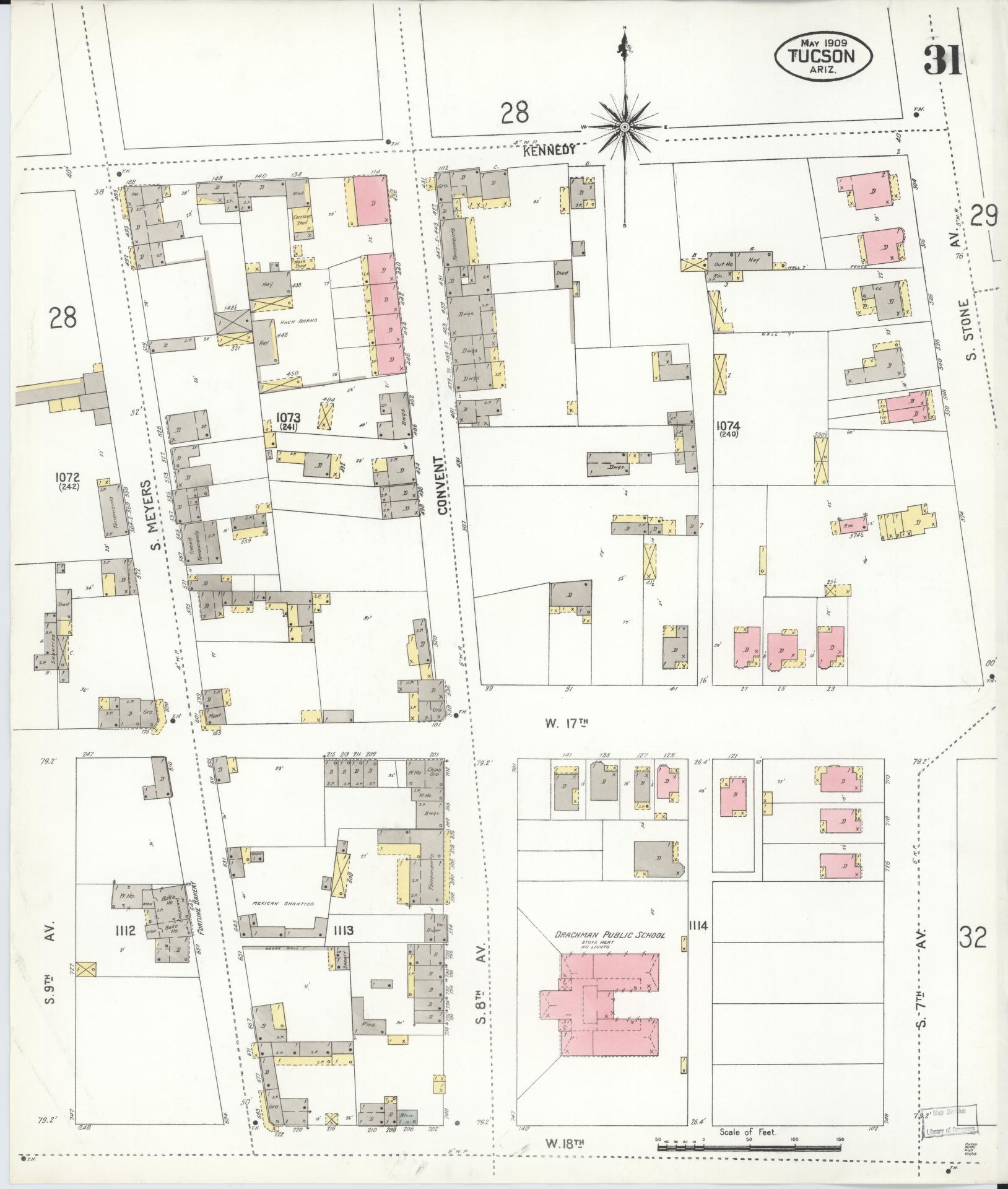 Sanborn Fire Insurance Map from Tucson, Pima County, Arizona (1909), Sheet #0031 - Historic Sanborn Fire Insurance Map Print, vintage old map wall art, antique decor, genealogy gift, Arizona Arizona map