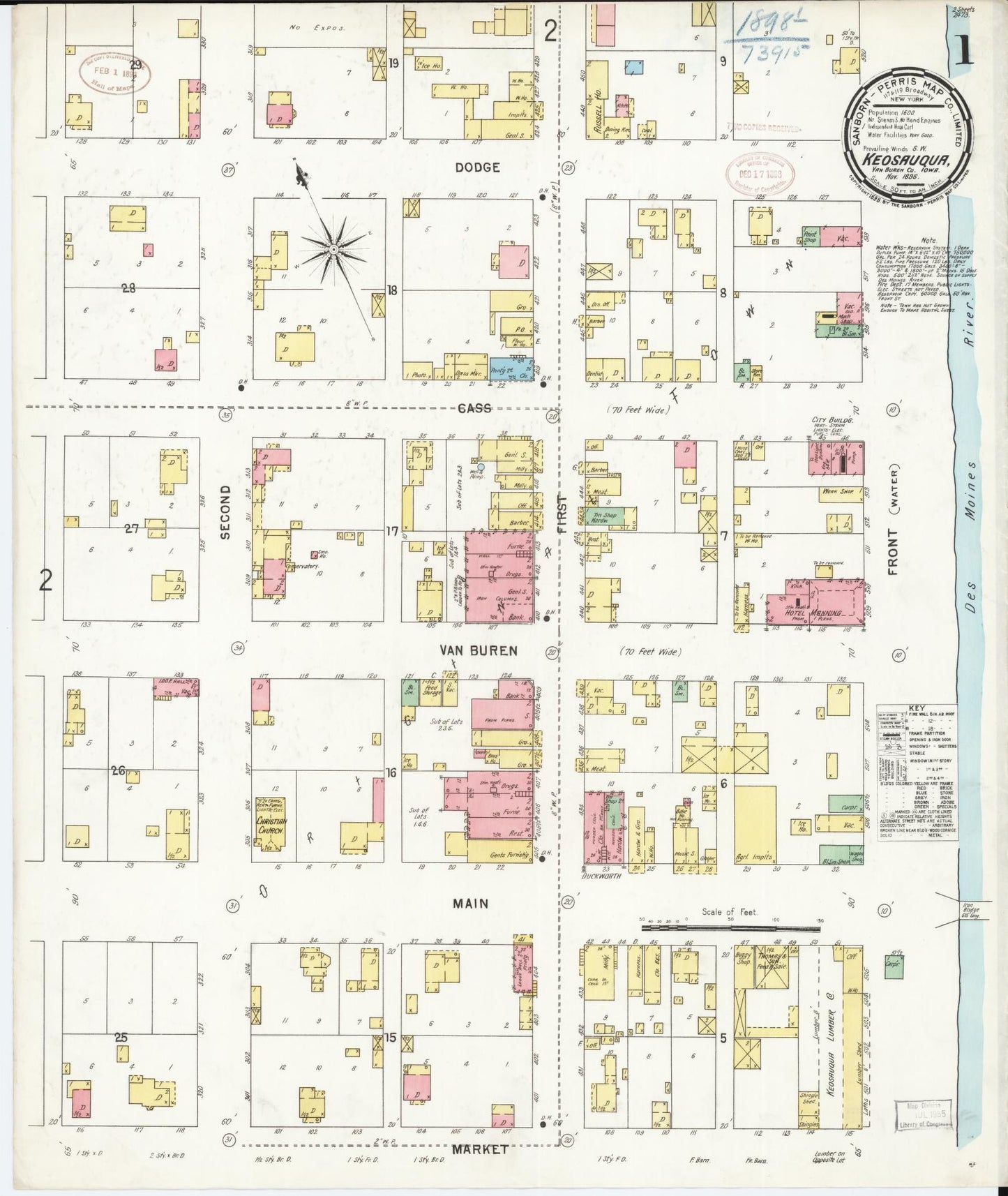 Sanborn Fire Insurance Map from Keosauqua, Van Buren County, Iowa (1898), Sheet #0001 - Historic Sanborn Fire Insurance Map Print, vintage old map wall art