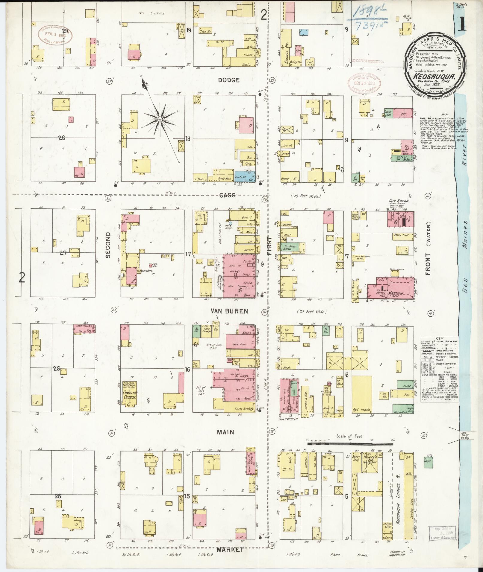 Sanborn Fire Insurance Map from Keosauqua, Van Buren County, Iowa (1898), Sheet #0001 - Historic Sanborn Fire Insurance Map Print, vintage old map wall art