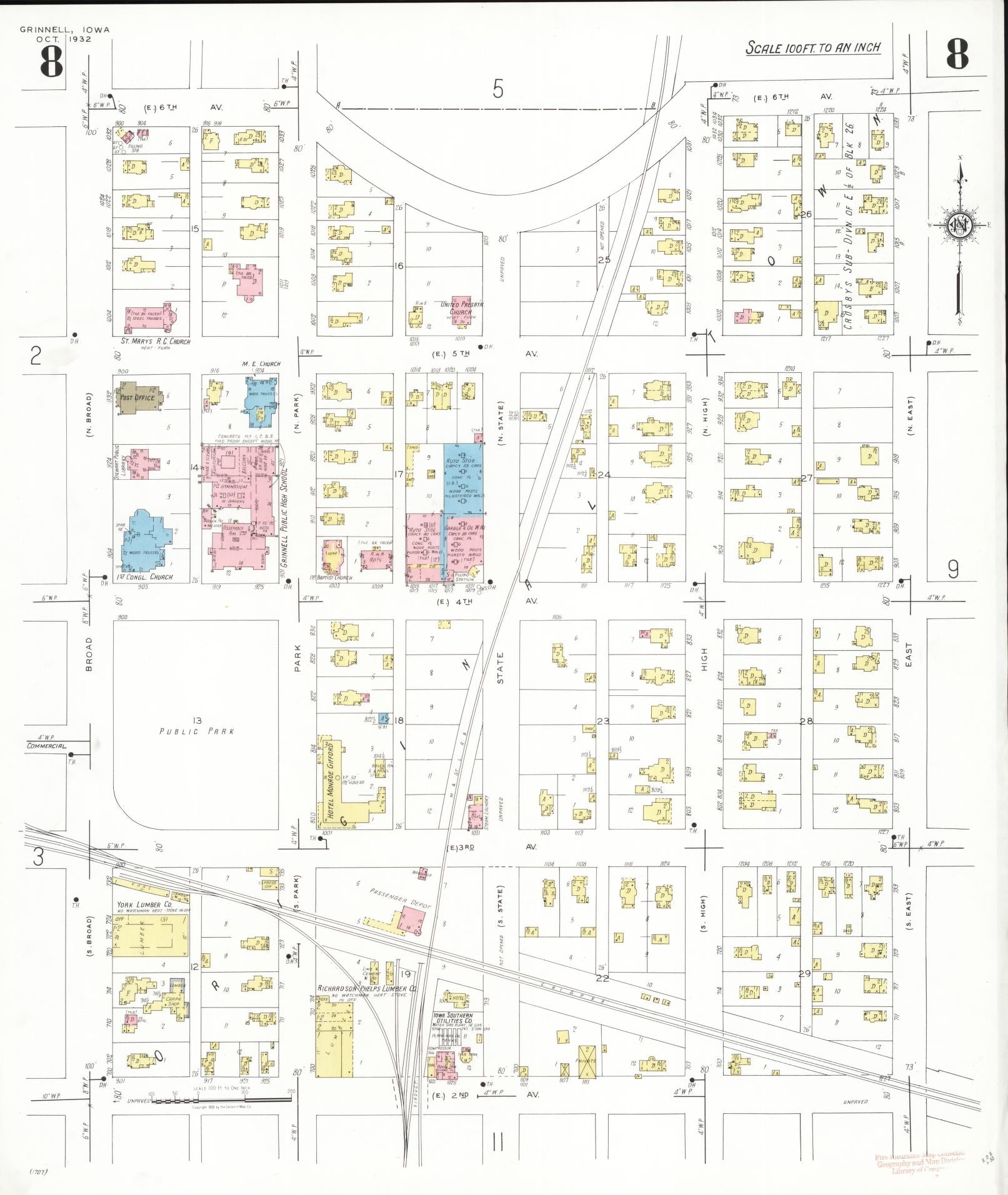 Sanborn Fire Insurance Map from Grinnell, Poweshiek County, Iowa (1932), Sheet #0008 - Historic Sanborn Fire Insurance Map Print, vintage old map wall art