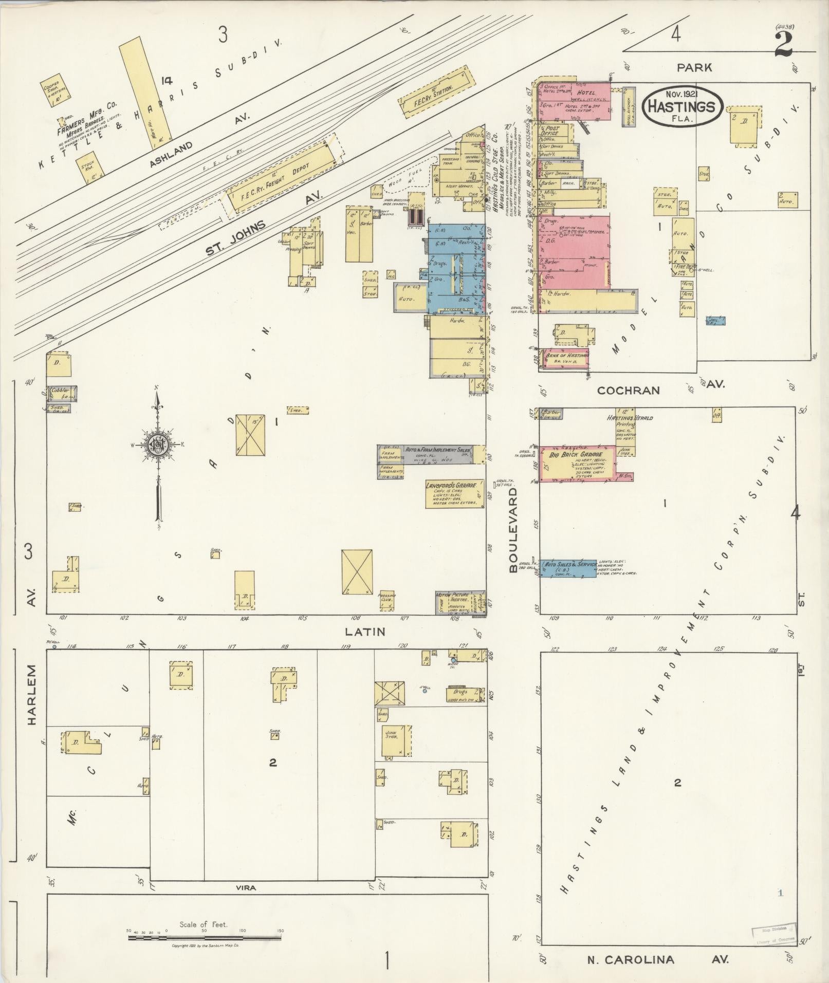 Sanborn Fire Insurance Map from Hastings, St. Johns County, Florida (1921), Sheet #0002 - Complete Map Set gallery image, historic Sanborn map, vintage wall art, Florida Florida
