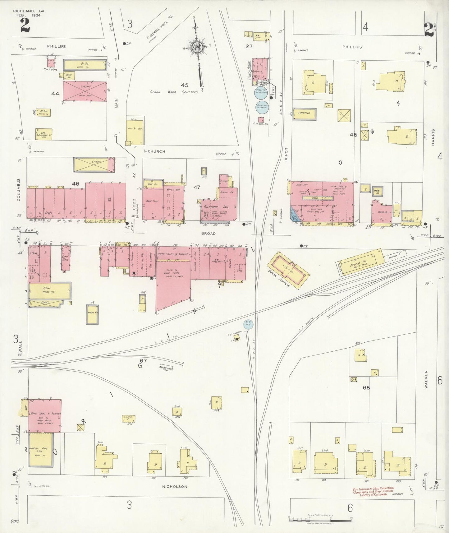Sanborn Fire Insurance Map from Richland, Stewart County, Georgia (1934), Sheet #0002 - Complete Map Set gallery image, historic Sanborn map, vintage wall art, Georgia Georgia