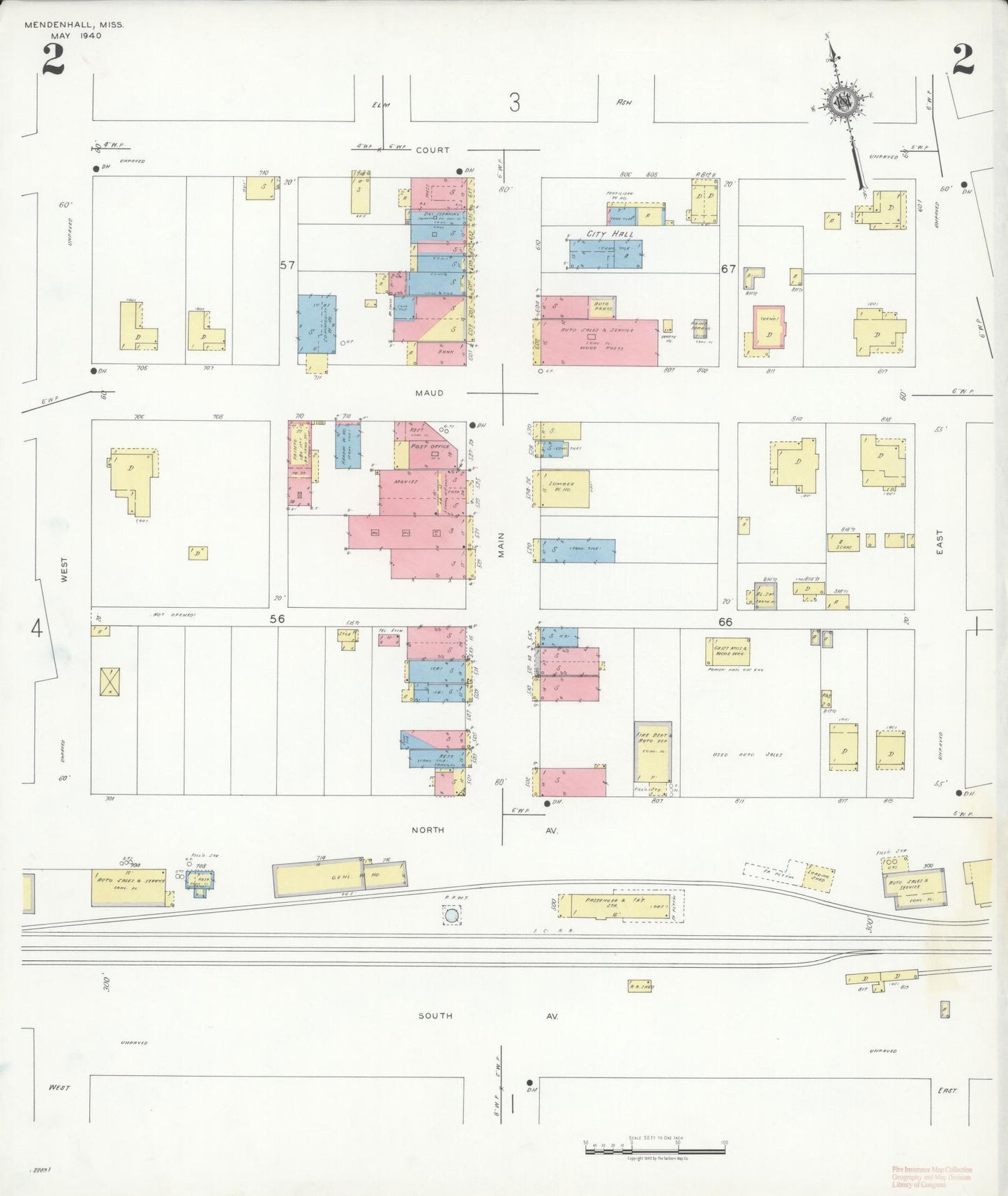 Sanborn Fire Insurance Map from Mendenhall, Simpson County, Mississippi (1940), Sheet #0002 - Historic Sanborn Fire Insurance Map Print, vintage old map wall art, antique decor, genealogy gift, Mississippi Mississippi map