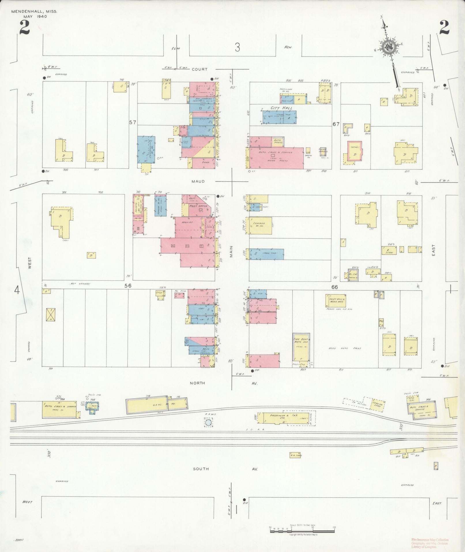 Sanborn Fire Insurance Map from Mendenhall, Simpson County, Mississippi (1940), Sheet #0002 - Historic Sanborn Fire Insurance Map Print, vintage old map wall art, antique decor, genealogy gift, Mississippi Mississippi map