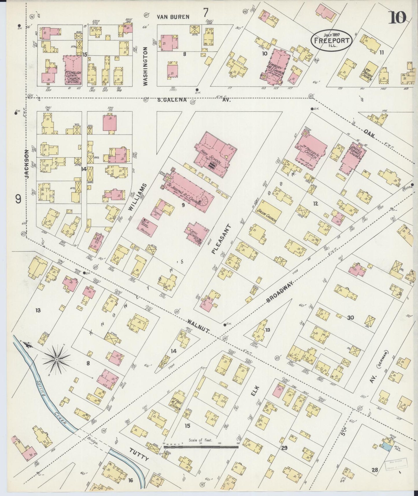 Sanborn Fire Insurance Map from Freeport, Stephenson County, Illinois (1897), Sheet #0010 - Historic Sanborn Fire Insurance Map Print, vintage old map wall art, antique decor, genealogy gift, Illinois Illinois map