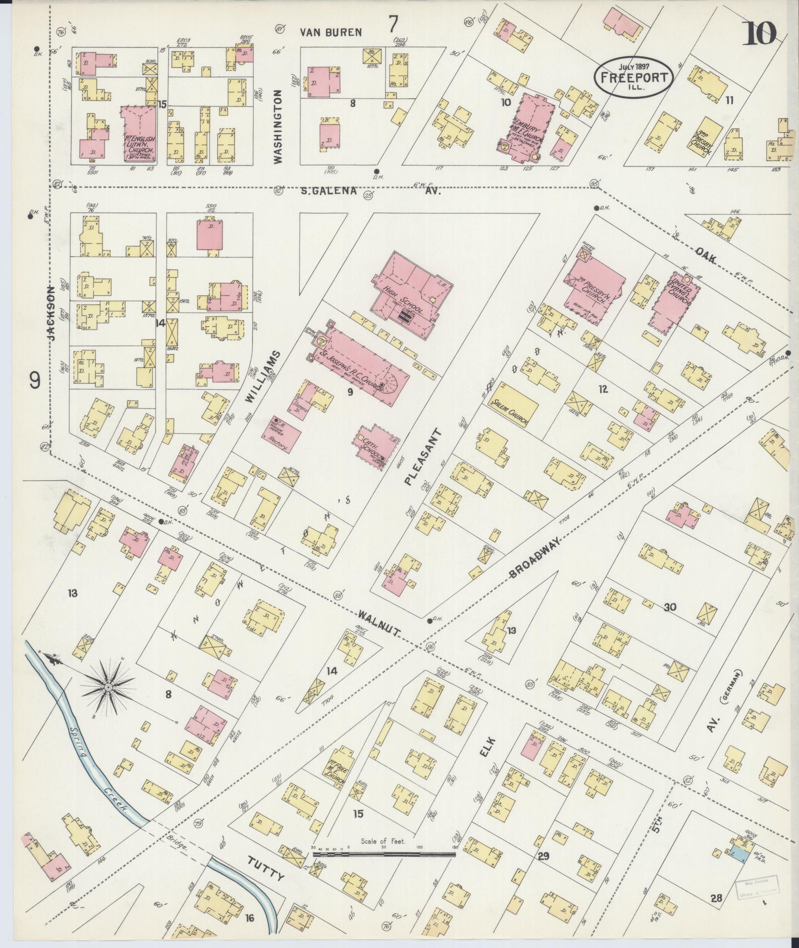 Sanborn Fire Insurance Map from Freeport, Stephenson County, Illinois (1897), Sheet #0010 - Historic Sanborn Fire Insurance Map Print, vintage old map wall art, antique decor, genealogy gift, Illinois Illinois map