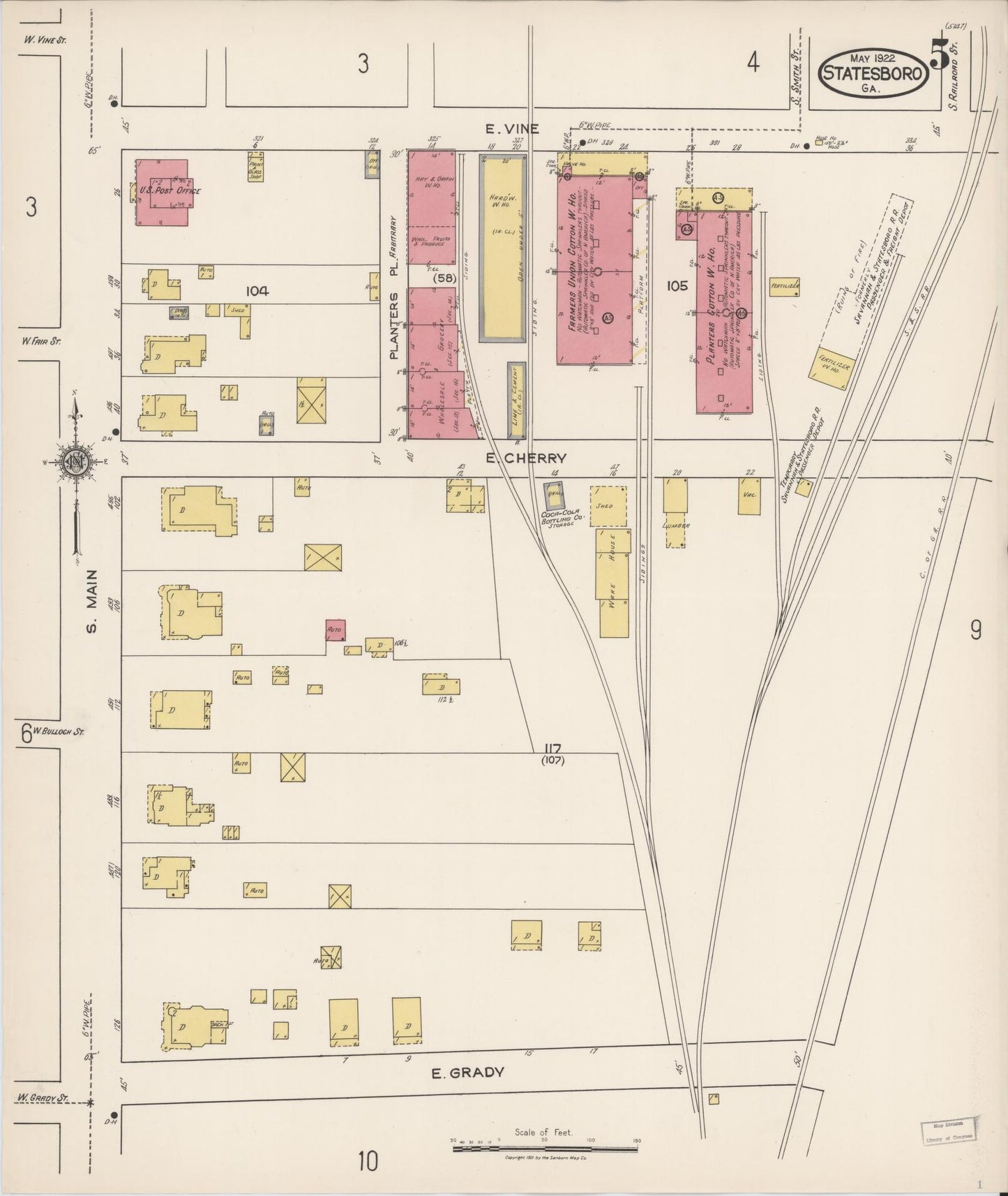 Sanborn Fire Insurance Map from Statesboro, Bulloch County, Georgia (1922), Sheet #0005 - Complete Map Set gallery image, historic Sanborn map, vintage wall art, Georgia Georgia