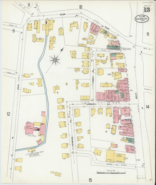Sanborn Fire Insurance Map from Danbury, Fairfield County, Connecticut (1904), Sheet #0013 - Historic Sanborn Fire Insurance Map Print, vintage old map wall art, antique decor, genealogy gift, Connecticut Connecticut map