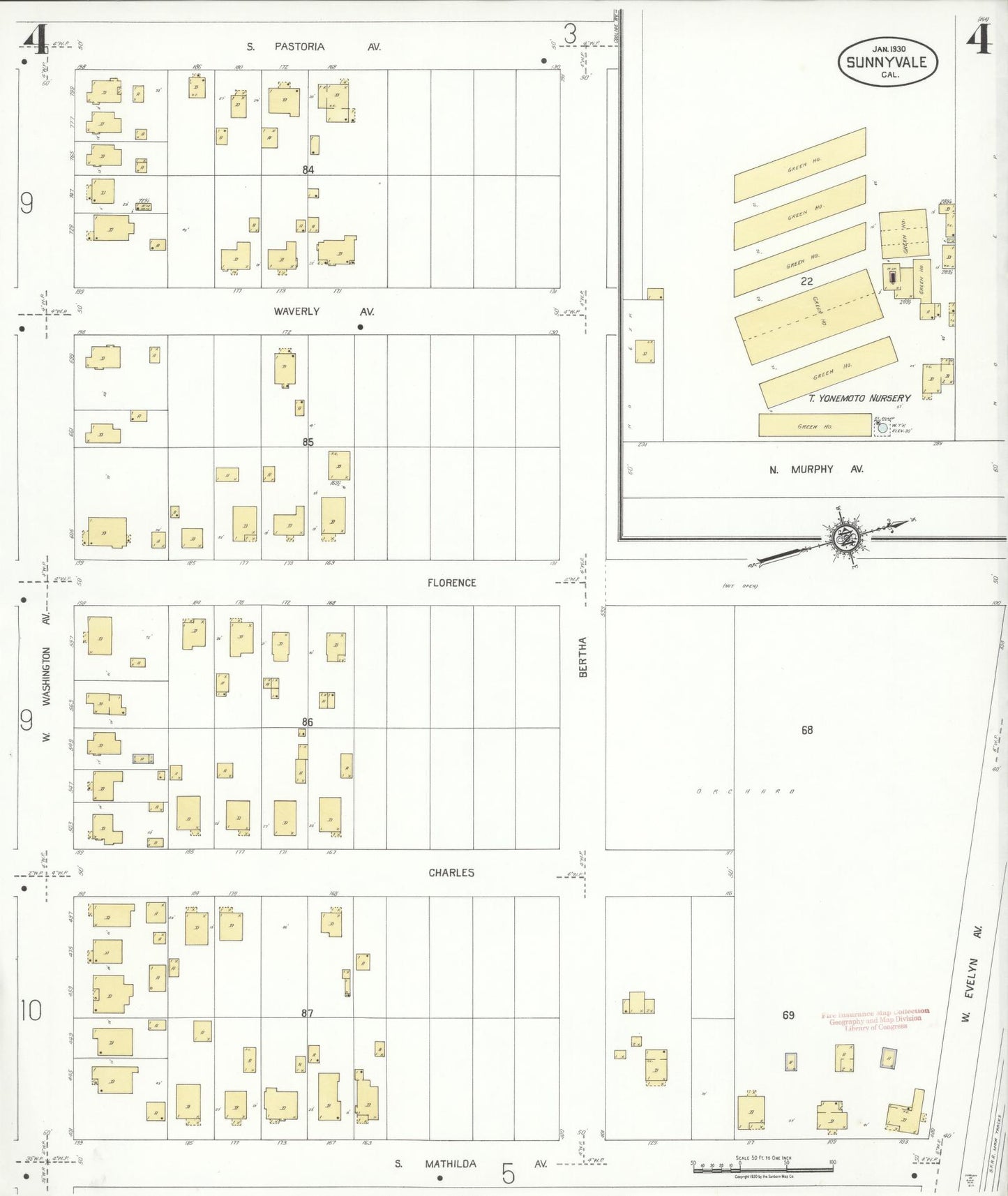 Sanborn Fire Insurance Map from Sunnyvale, Santa Clara County, California (1930), Sheet #0004 - Complete Map Set gallery image, historic Sanborn map, vintage wall art, California California