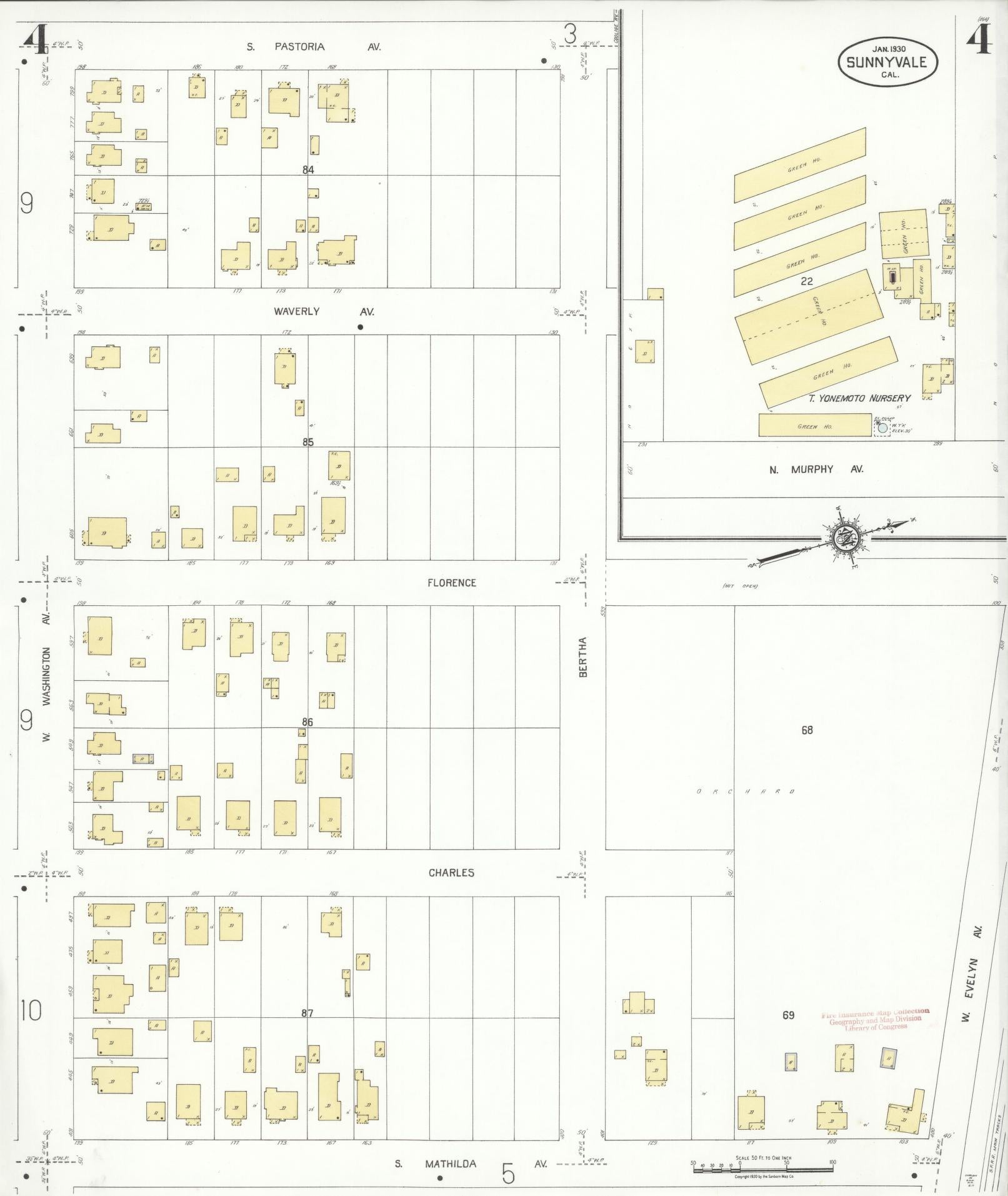 Sanborn Fire Insurance Map from Sunnyvale, Santa Clara County, California (1930), Sheet #0004 - Complete Map Set gallery image, historic Sanborn map, vintage wall art, California California