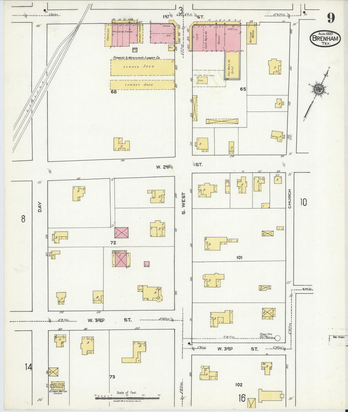 Sanborn Fire Insurance Map from Brenham, Washington County, Texas (1920), Sheet #0009 - Complete Map Set gallery image, historic Sanborn map, vintage wall art, Texas Texas