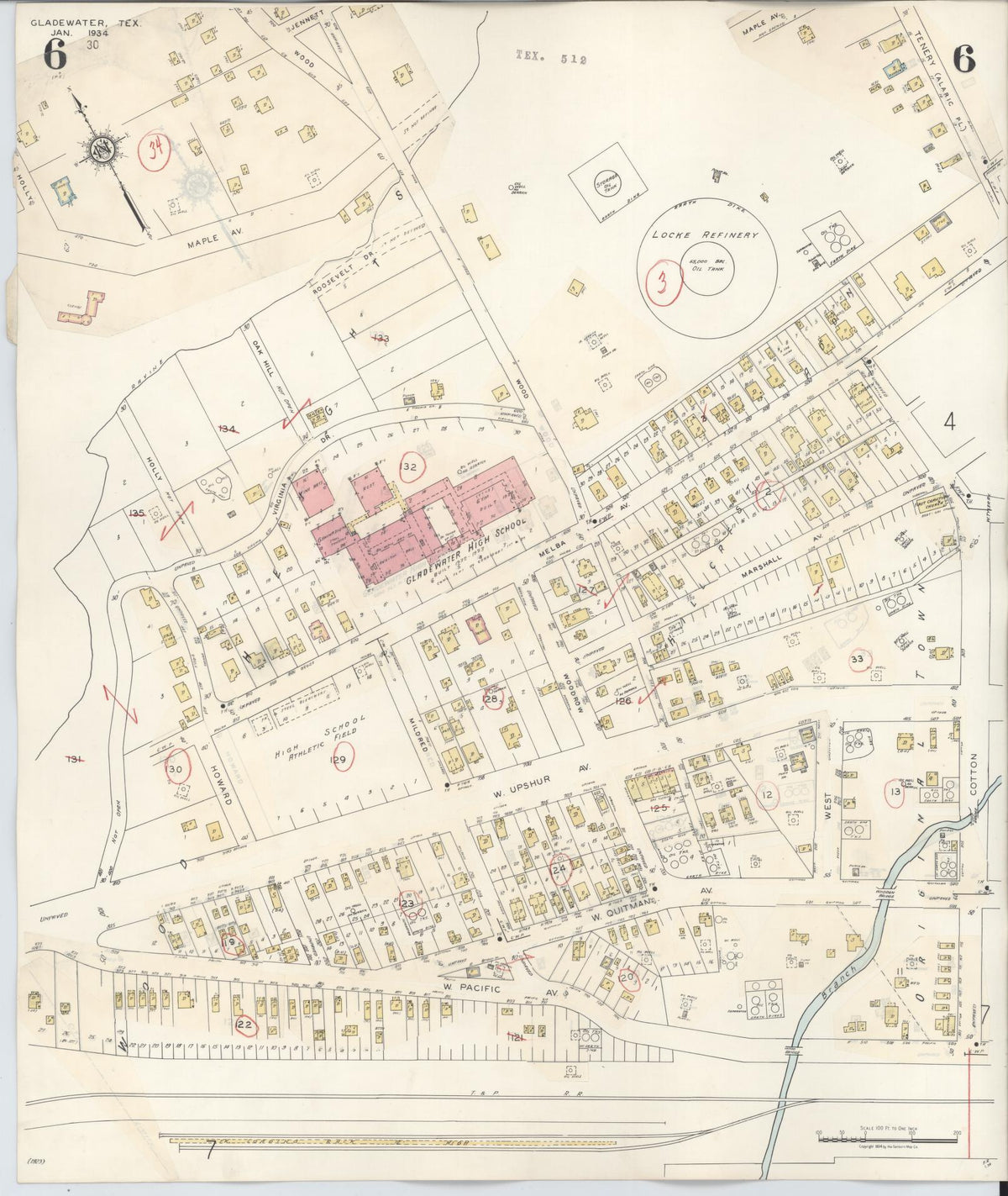 Sanborn Fire Insurance Map from Gladewater, Gregg County, Texas (1938), Sheet #0006 - Historic Sanborn Fire Insurance Map Print, vintage old map wall art, antique decor, genealogy gift, Texas Texas map