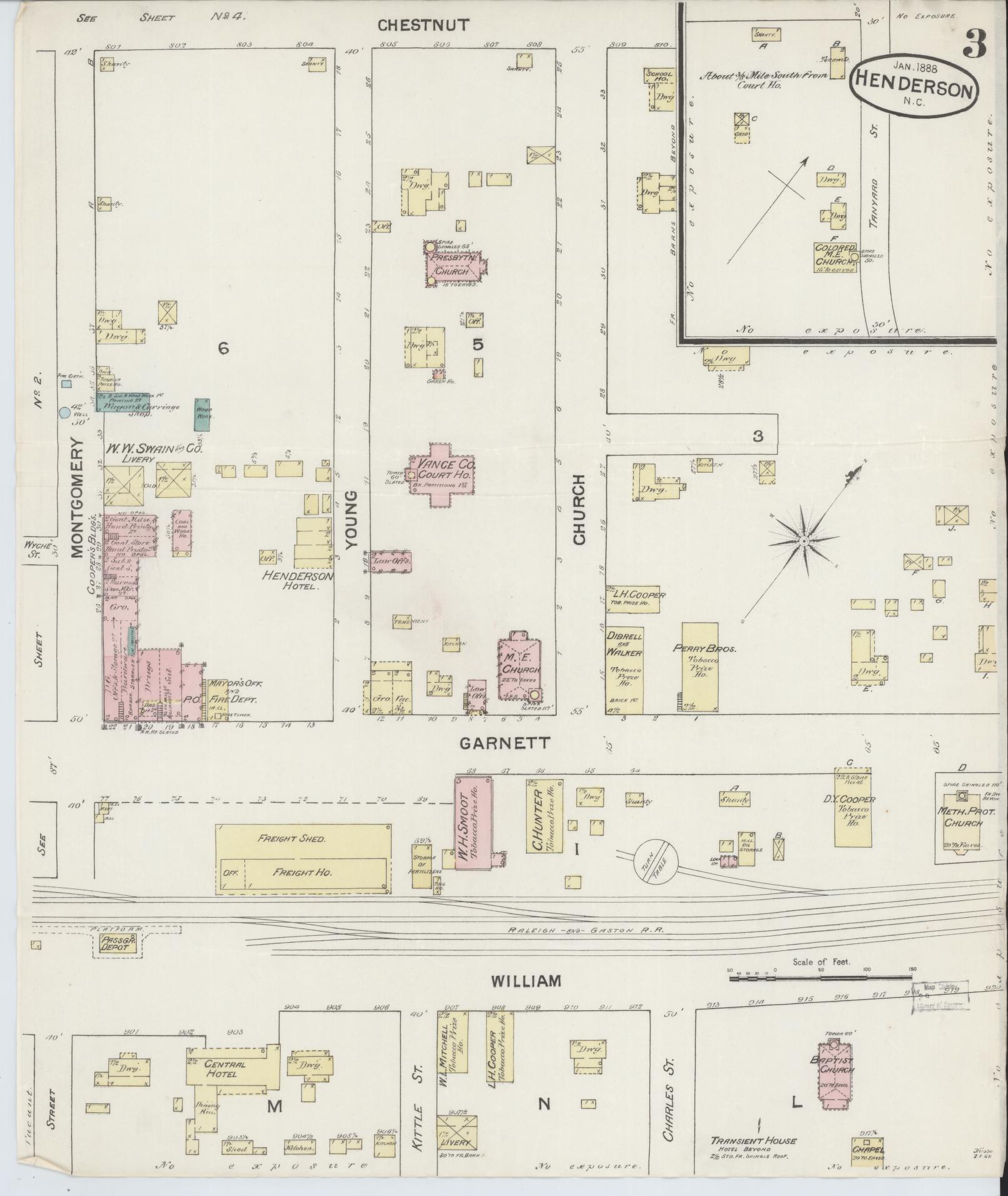 Sanborn Fire Insurance Map from Henderson, Vance County, North Carolina (1888), Sheet #0003 - Complete Map Set gallery image, historic Sanborn map, vintage wall art, North Carolina North Carolina