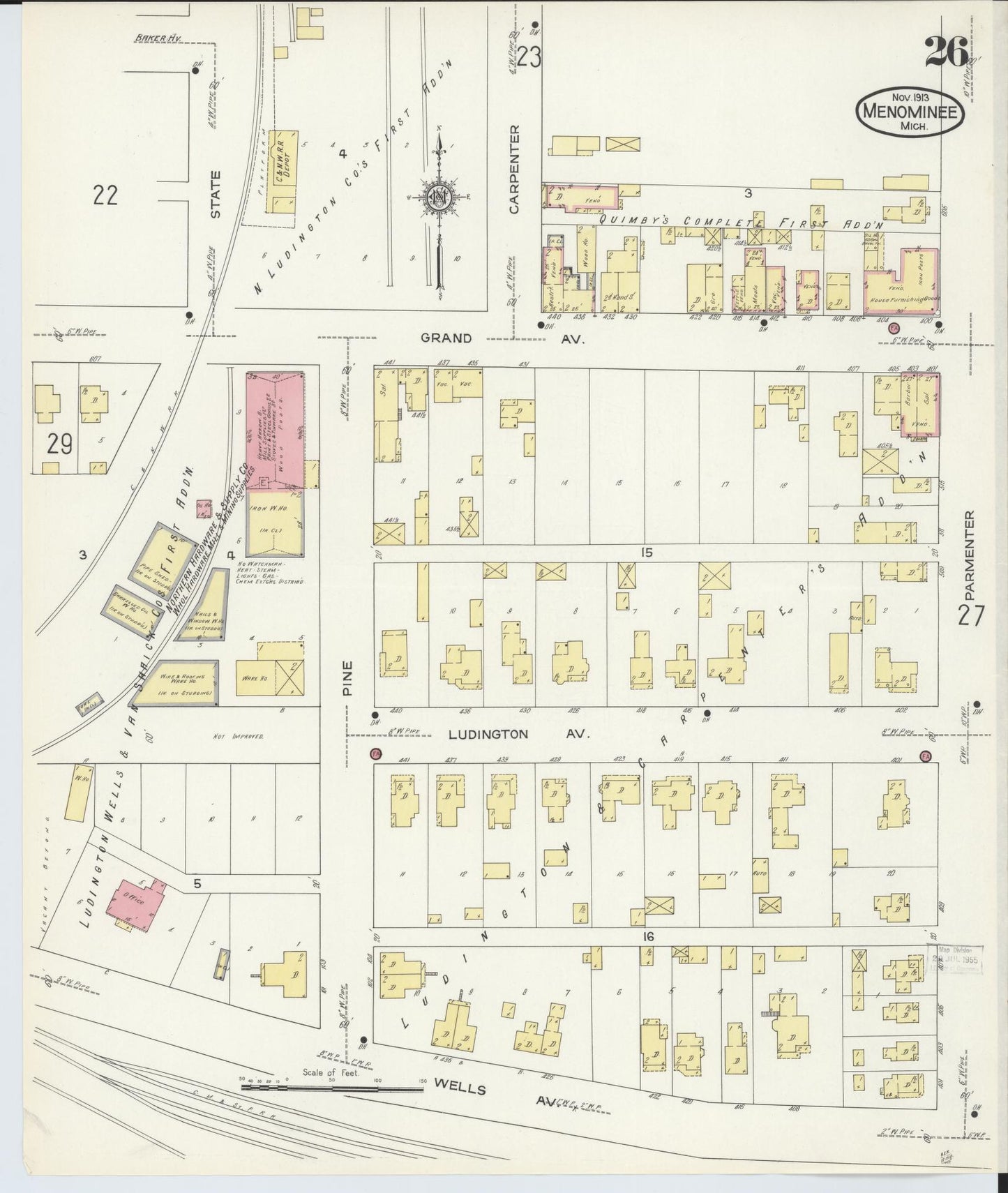 Sanborn Fire Insurance Map from Menominee, Menominee County, Michigan (1913), Sheet #0026 - Historic Sanborn Fire Insurance Map Print, vintage old map wall art, antique decor, genealogy gift, Michigan Michigan map
