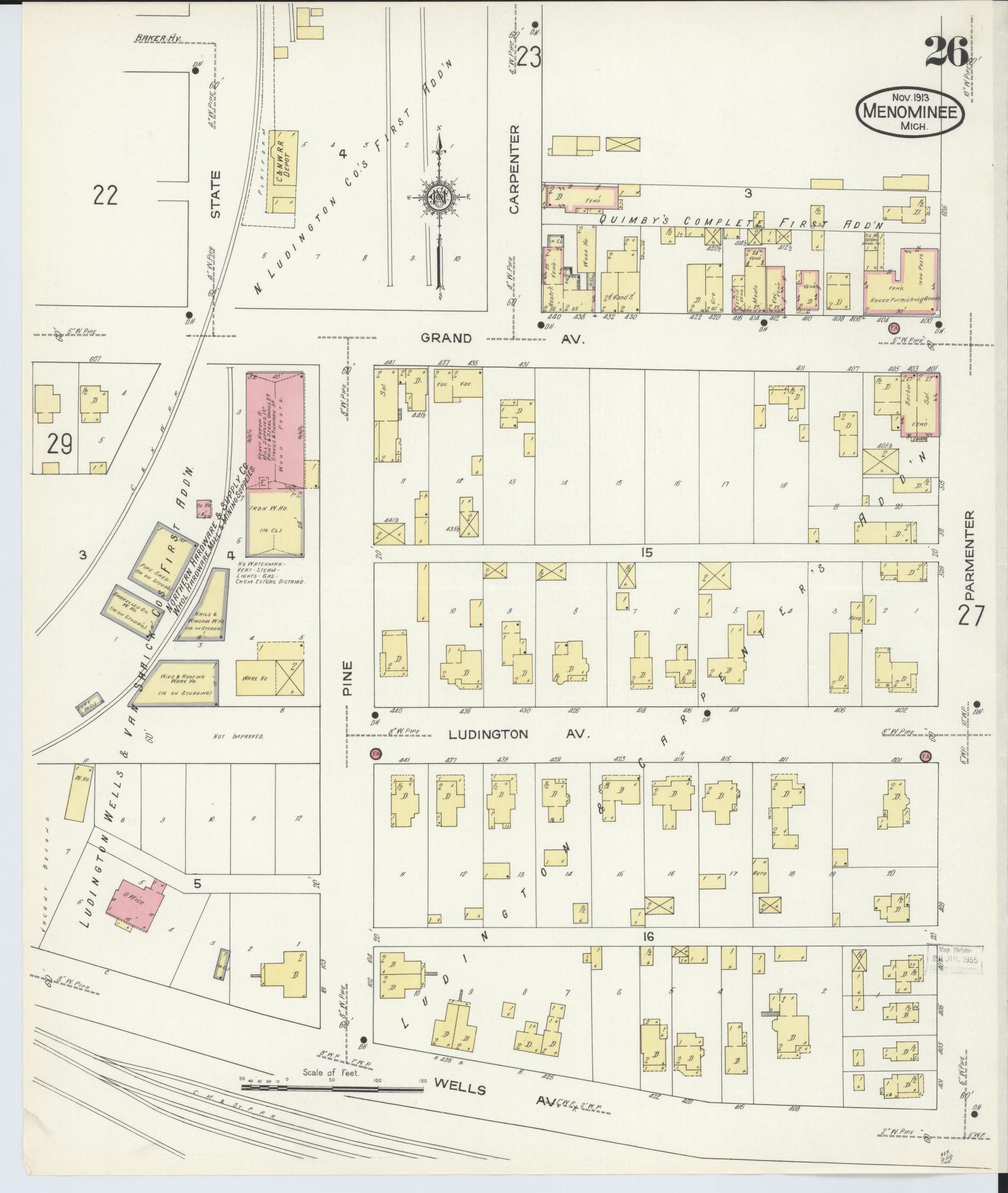 Sanborn Fire Insurance Map from Menominee, Menominee County, Michigan (1913), Sheet #0026 - Historic Sanborn Fire Insurance Map Print, vintage old map wall art, antique decor, genealogy gift, Michigan Michigan map