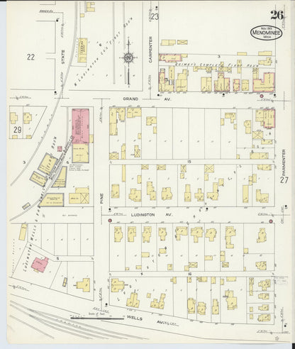 Sanborn Fire Insurance Map from Menominee, Menominee County, Michigan (1913), Sheet #0026 - Historic Sanborn Fire Insurance Map Print, vintage old map wall art, antique decor, genealogy gift, Michigan Michigan map