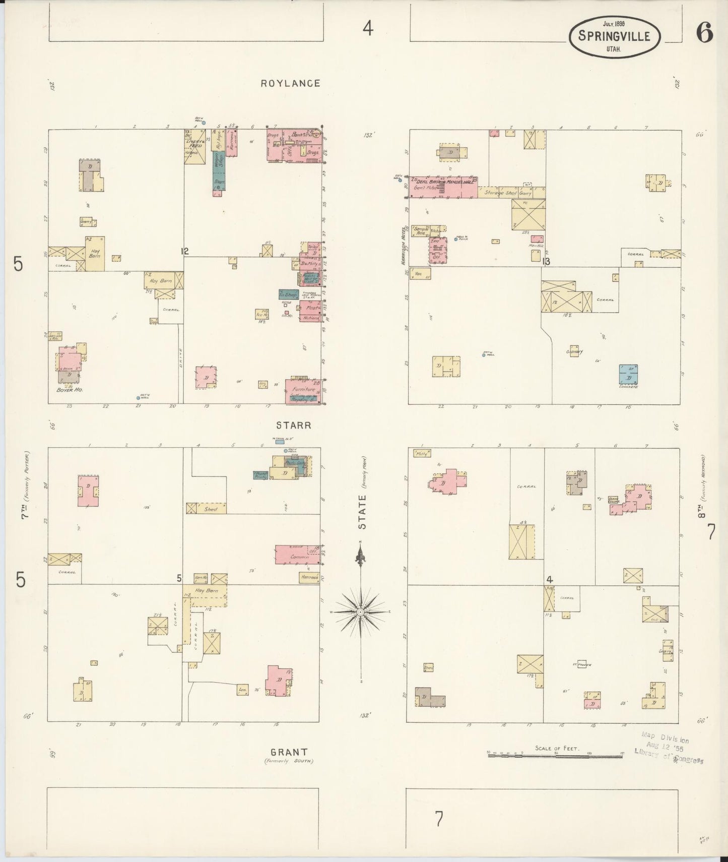 Sanborn Fire Insurance Map from Springville, Utah County, Utah (1898), Sheet #0006 - Historic Sanborn Fire Insurance Map Print, vintage old map wall art, antique decor, genealogy gift, Springville Utah map