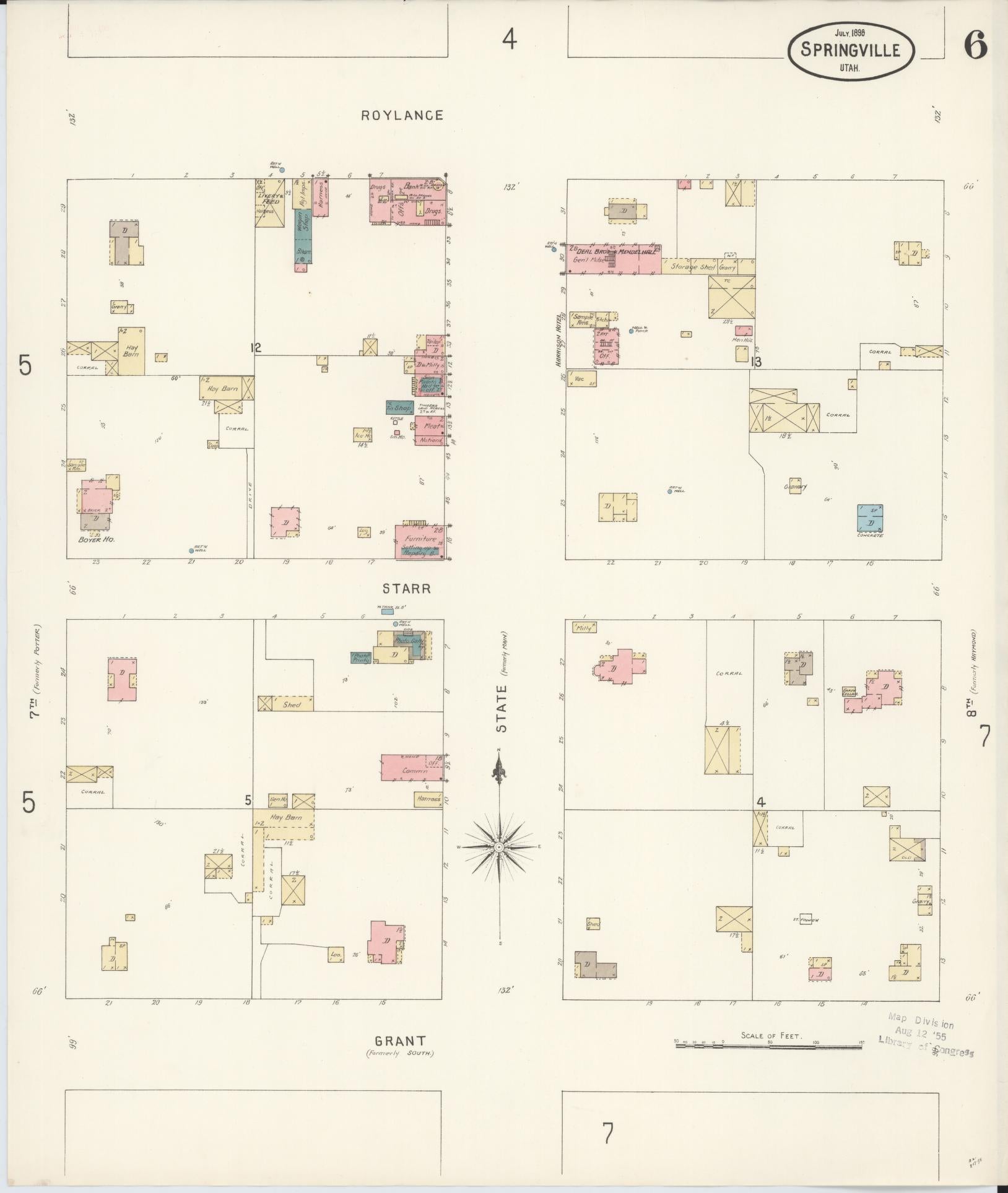 Sanborn Fire Insurance Map from Springville, Utah County, Utah (1898), Sheet #0006 - Historic Sanborn Fire Insurance Map Print, vintage old map wall art, antique decor, genealogy gift, Springville Utah map
