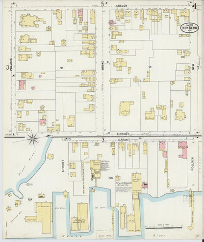 Sanborn Fire Insurance Map from New Bern, Craven County, North Carolina (1898), Sheet #0004 - Historic Sanborn Fire Insurance Map Print, vintage old map wall art, antique decor, genealogy gift, North Carolina North Carolina map