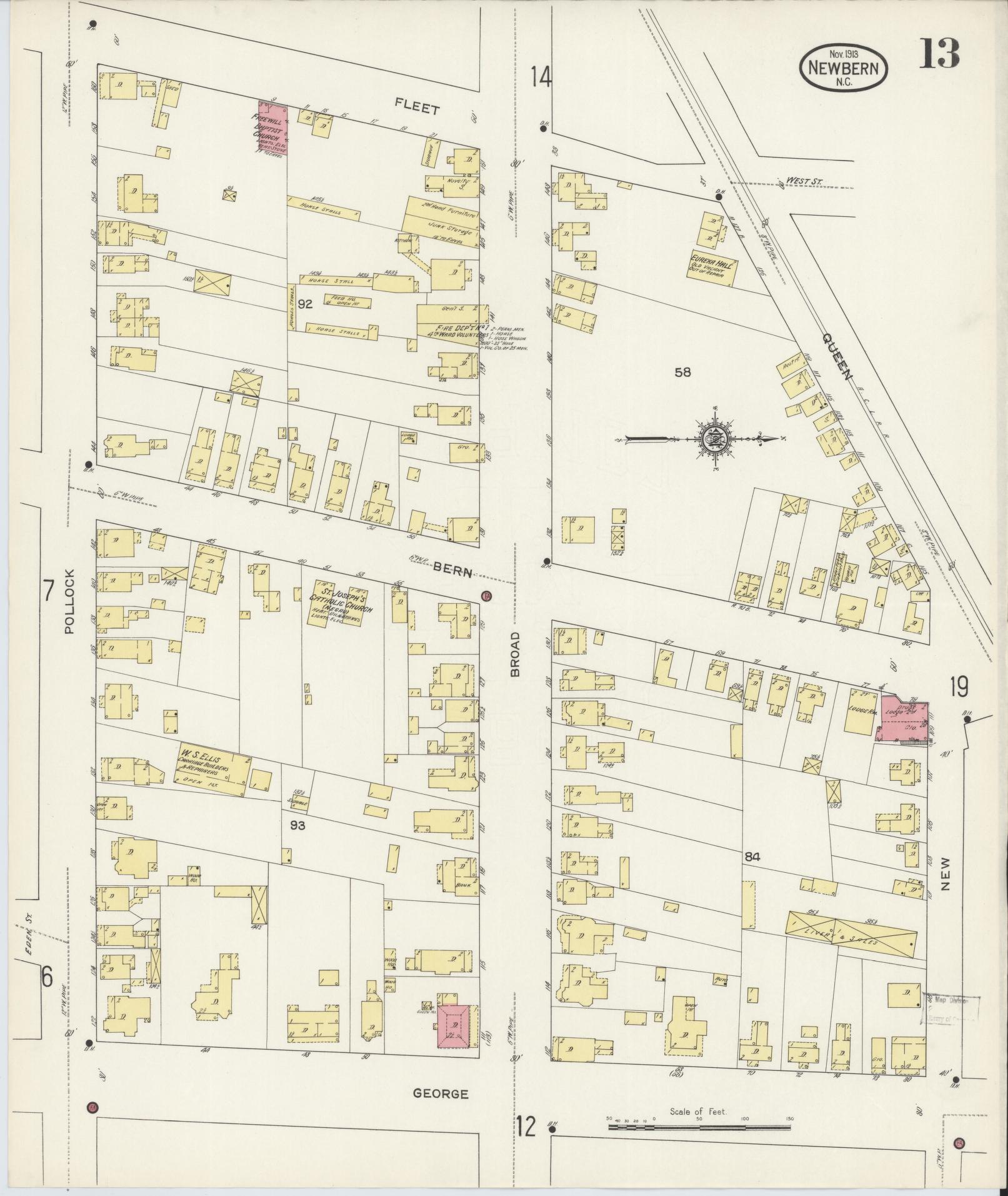 Sanborn Fire Insurance Map from New Bern, Craven County, North Carolina (1913), Sheet #0013 - Complete Map Set gallery image, historic Sanborn map, vintage wall art, North Carolina North Carolina