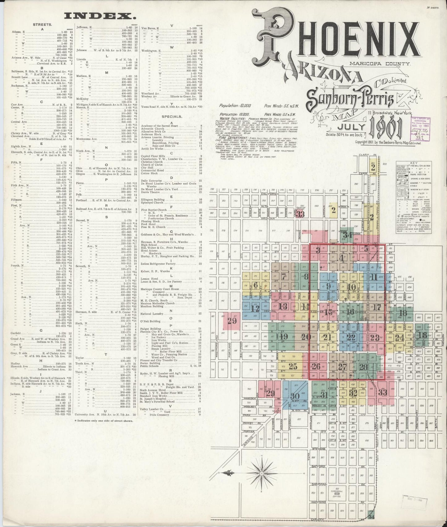 Sanborn Fire Insurance Map from Phoenix, Maricopa County, Arizona (1901), Sheet #0001 - Complete Map Set gallery image, historic Sanborn map, vintage wall art, Arizona Arizona