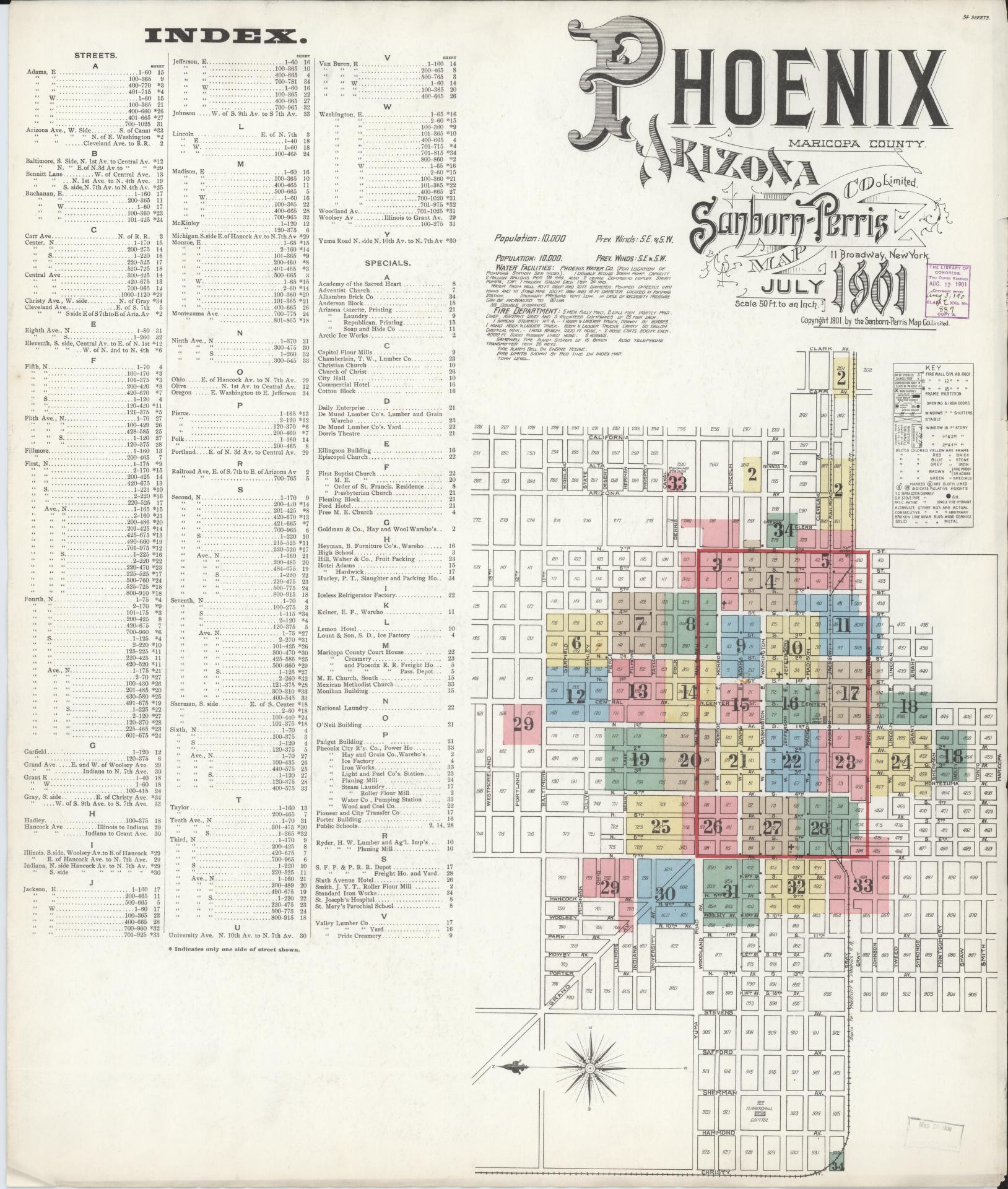 Sanborn Fire Insurance Map from Phoenix, Maricopa County, Arizona (1901), Sheet #0001 - Complete Map Set gallery image, historic Sanborn map, vintage wall art, Arizona Arizona