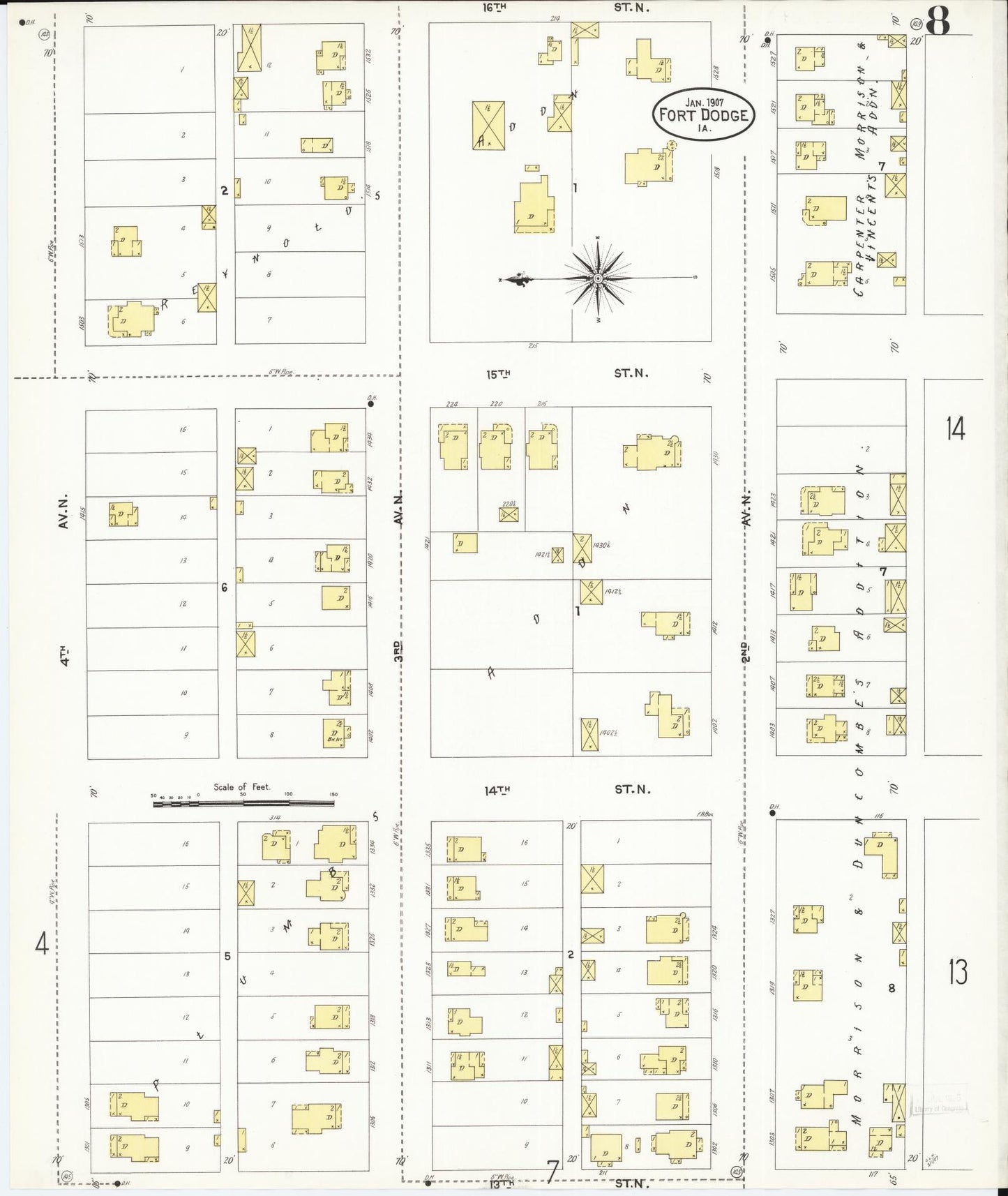 Sanborn Fire Insurance Map from Fort Dodge, Webster County, Iowa (1907), Sheet #0008 - Historic Sanborn Fire Insurance Map Print, vintage old map wall art