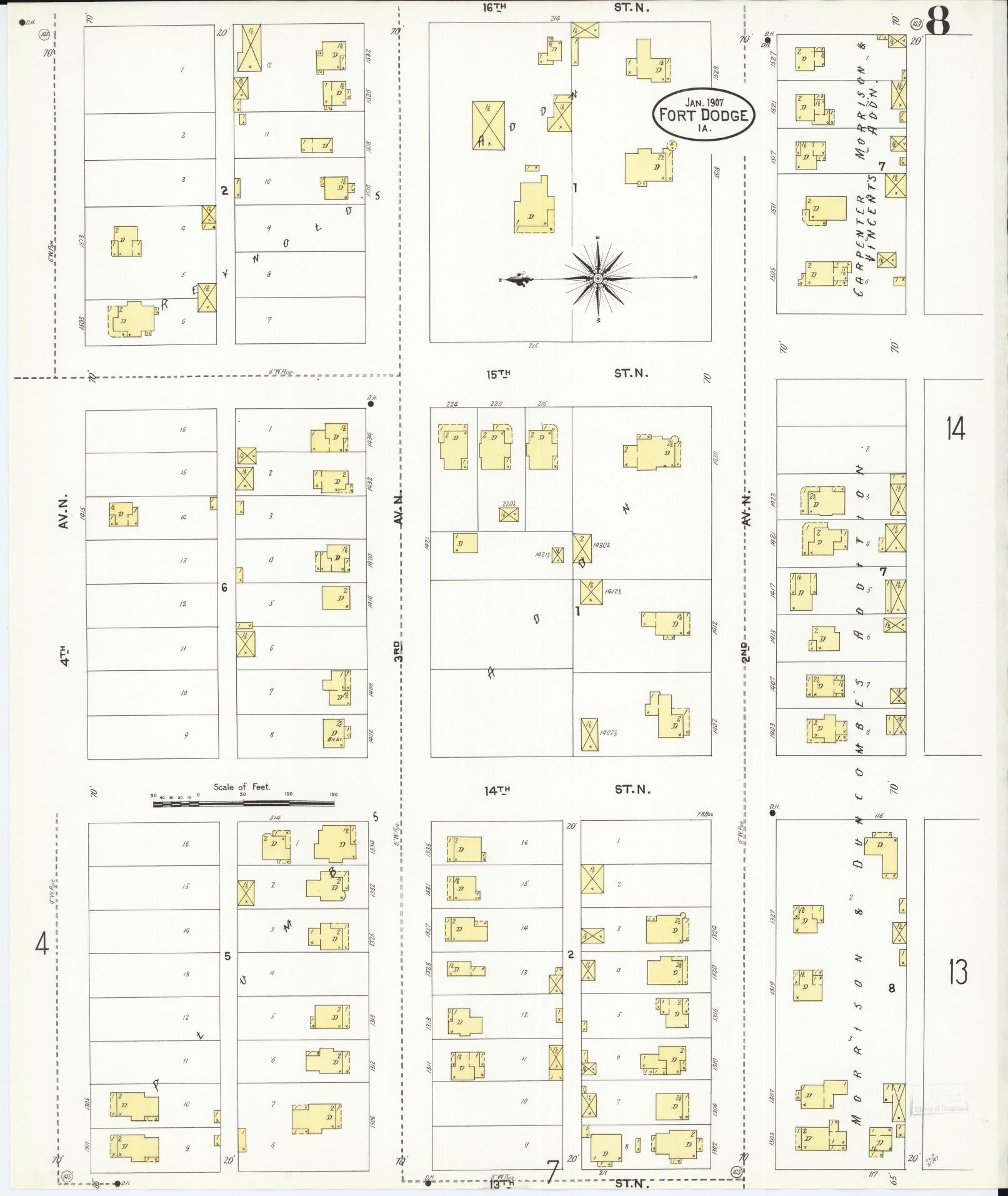 Sanborn Fire Insurance Map from Fort Dodge, Webster County, Iowa (1907), Sheet #0008 - Historic Sanborn Fire Insurance Map Print, vintage old map wall art