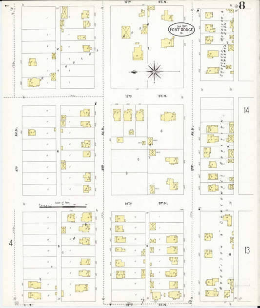 Sanborn Fire Insurance Map from Fort Dodge, Webster County, Iowa (1907), Sheet #0008 - Historic Sanborn Fire Insurance Map Print, vintage old map wall art